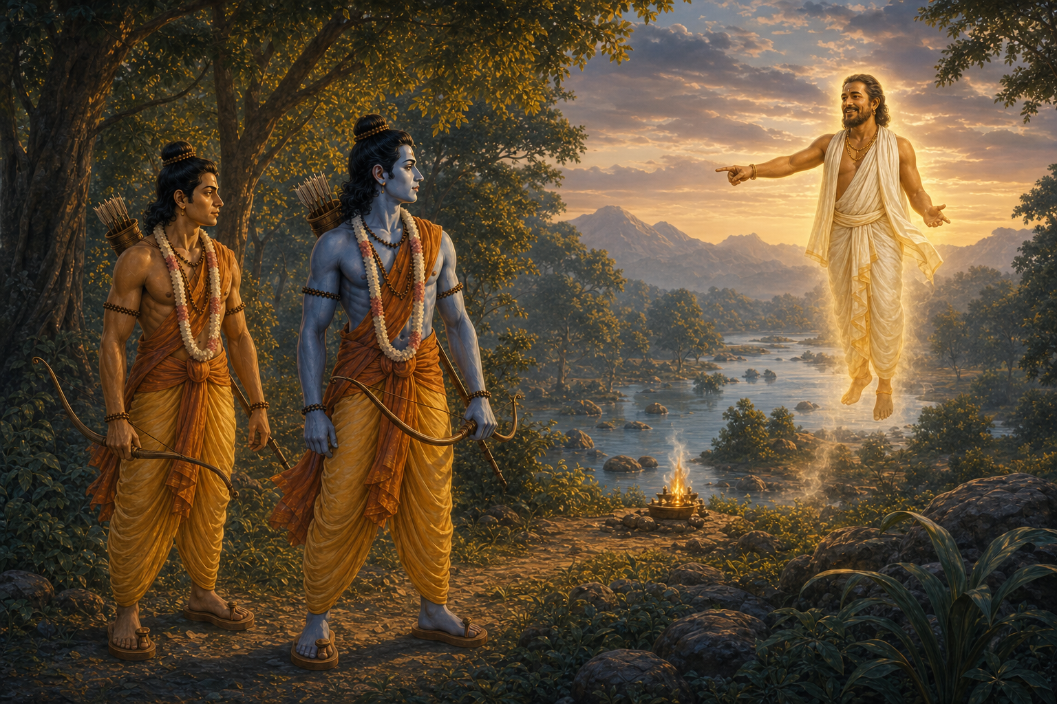 Kabandha's radiant released form rises above the forest fire and offers directions to Ram and Lakshman
