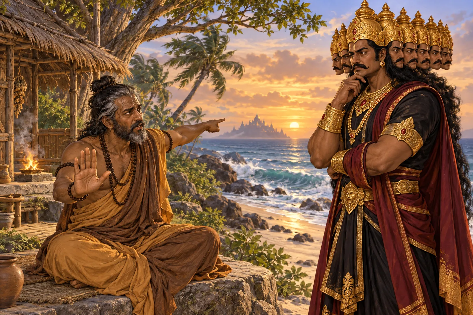 Maricha warns Ravana on the seashore against any plan to harm Ram's family