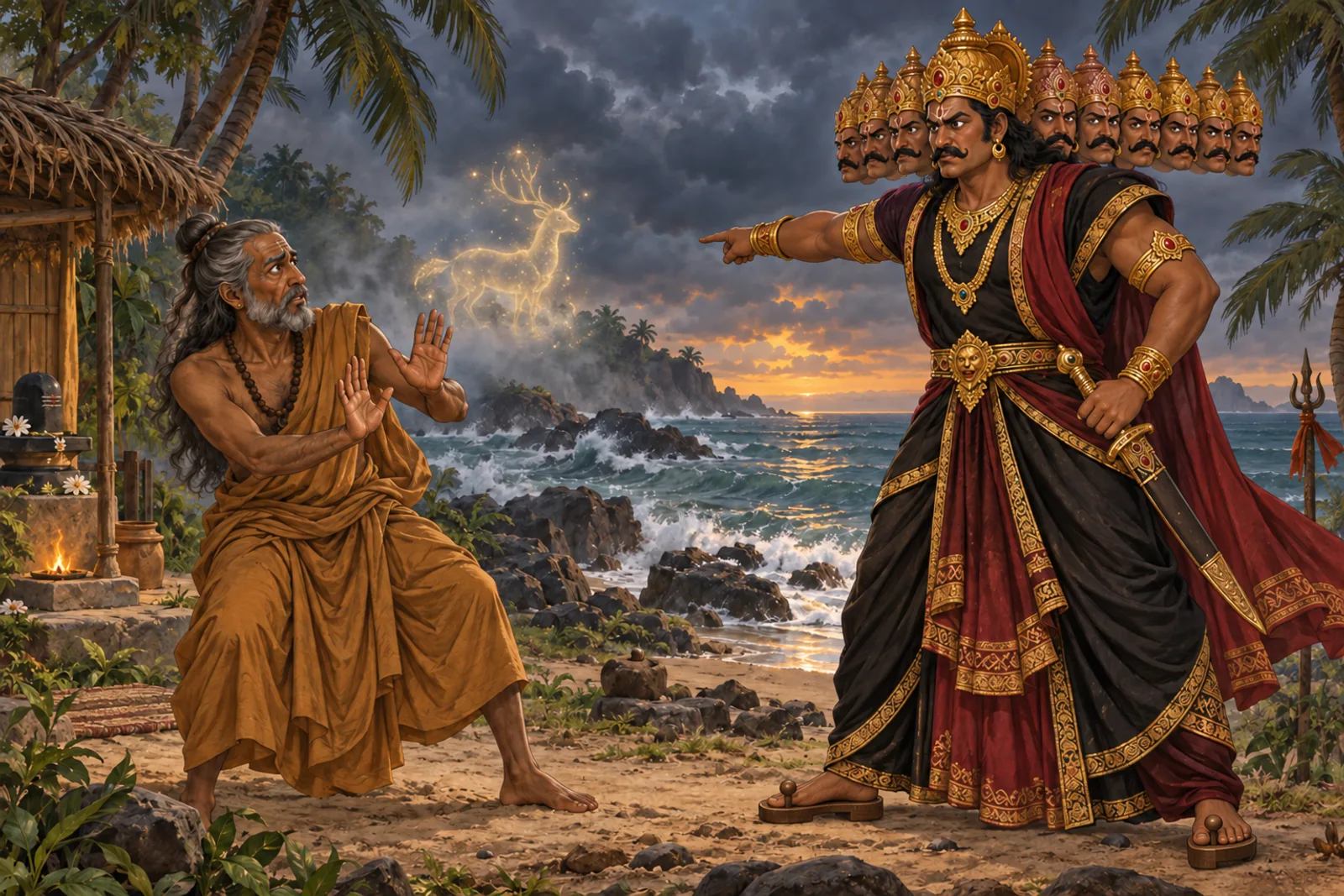 Ravana threatens Maricha on the shore, demanding he take the form of a golden deer