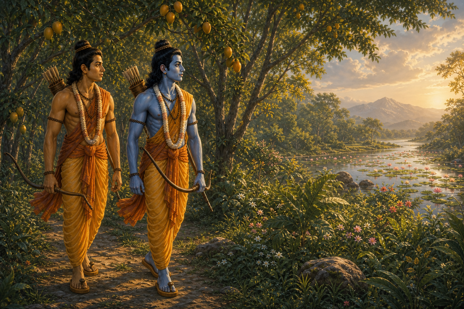 Ram and Lakshman walk toward the fruiting forest and Pampa, wearing simple exile clothing and wooden khadau