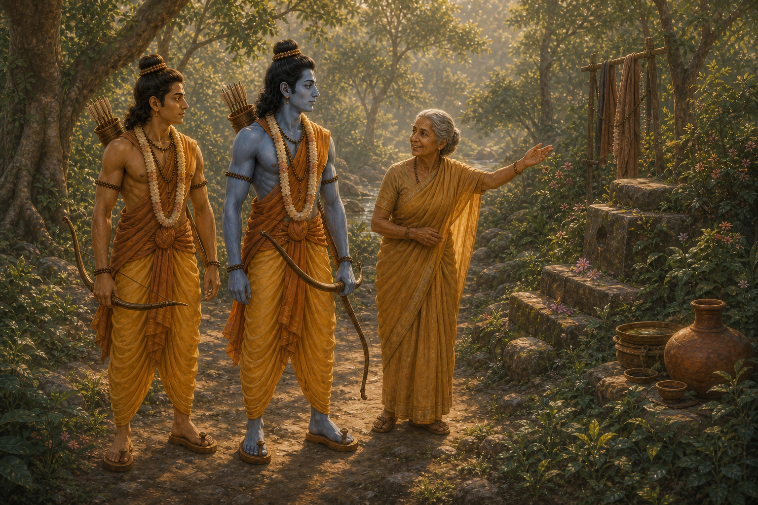 Shabari guides Ram and Lakshman through the quiet worship places and old trees of Matanga's hermitage