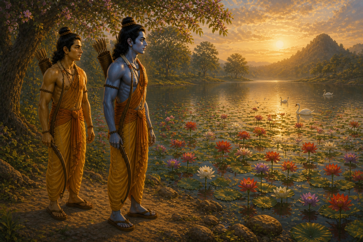 At lotus-filled Lake Pampa, Ram stands in quiet grief while Lakshman remains beside him