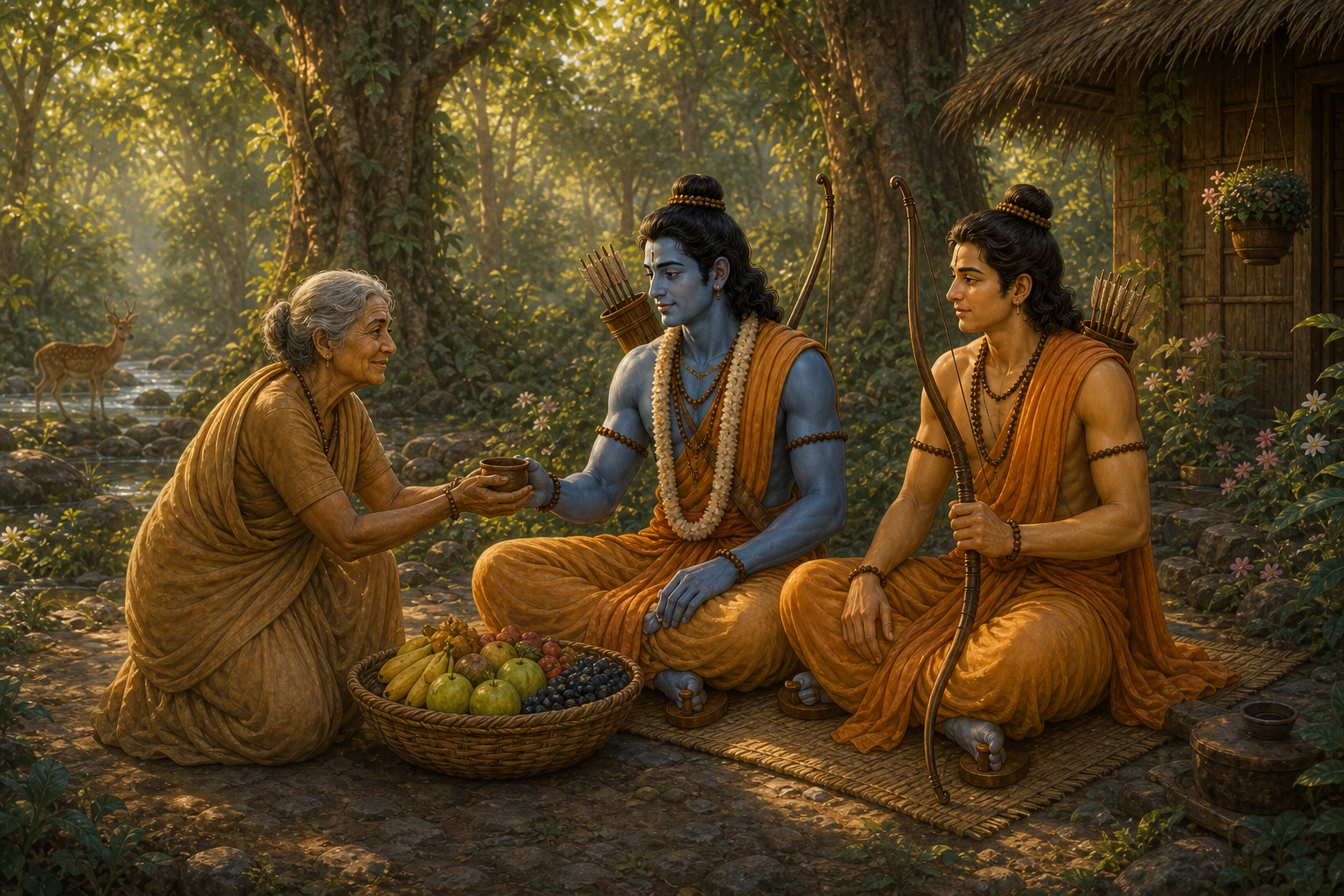 The elderly seeker Shabari offers Ram and Lakshman seats, water, and a basket of gathered forest fruit
