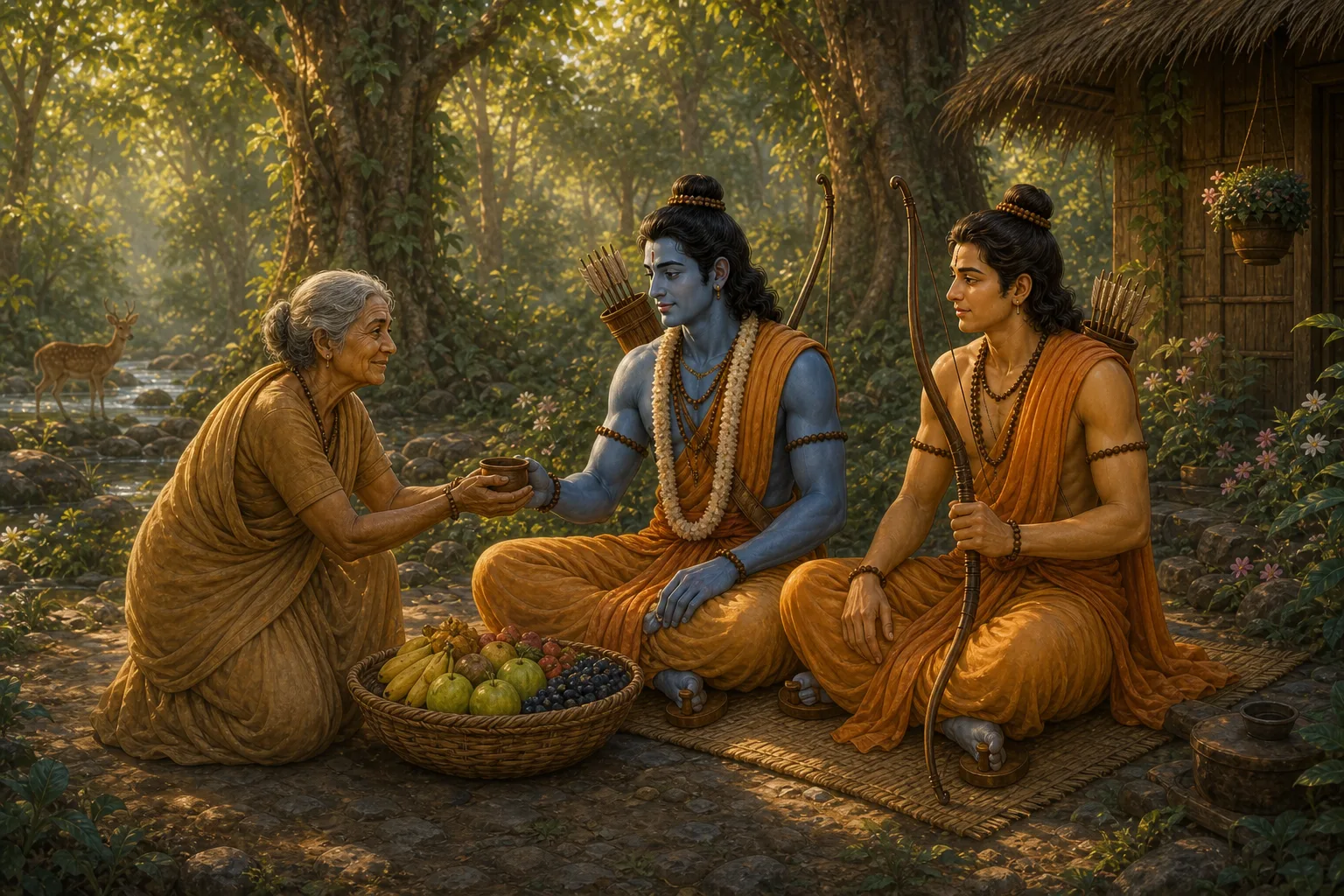 The elderly seeker Shabari offers Ram and Lakshman seats, water, and a basket of gathered forest fruit
