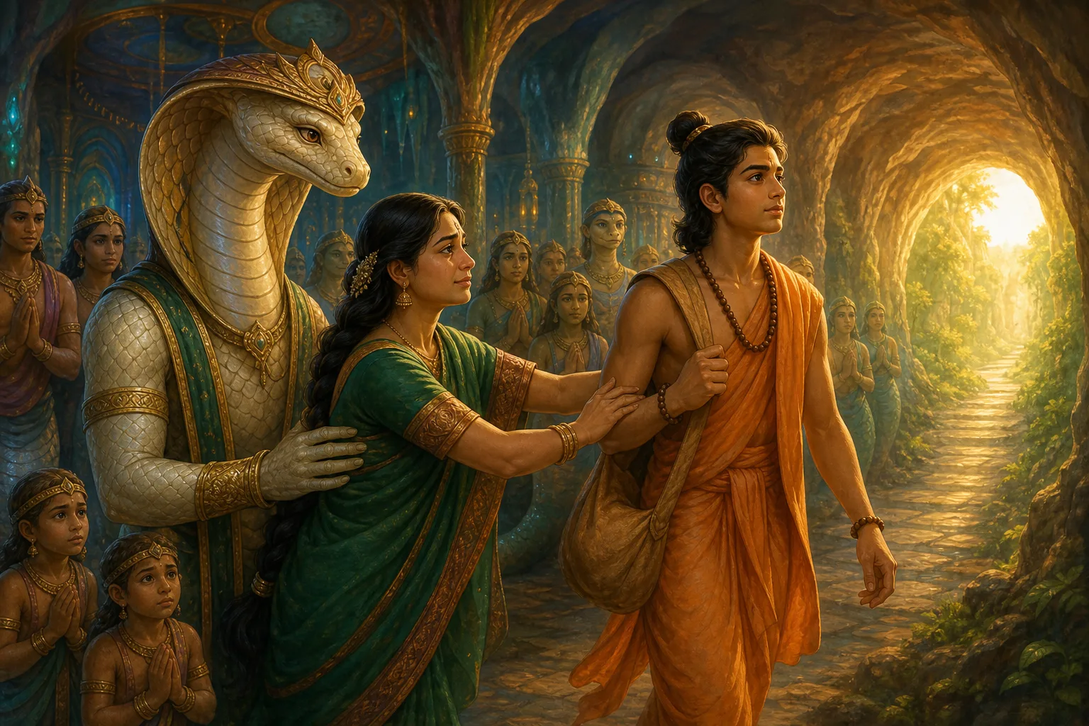 Vasuki urges young Astika to go to Janamejaya's sacrifice and save whoever can still be saved.