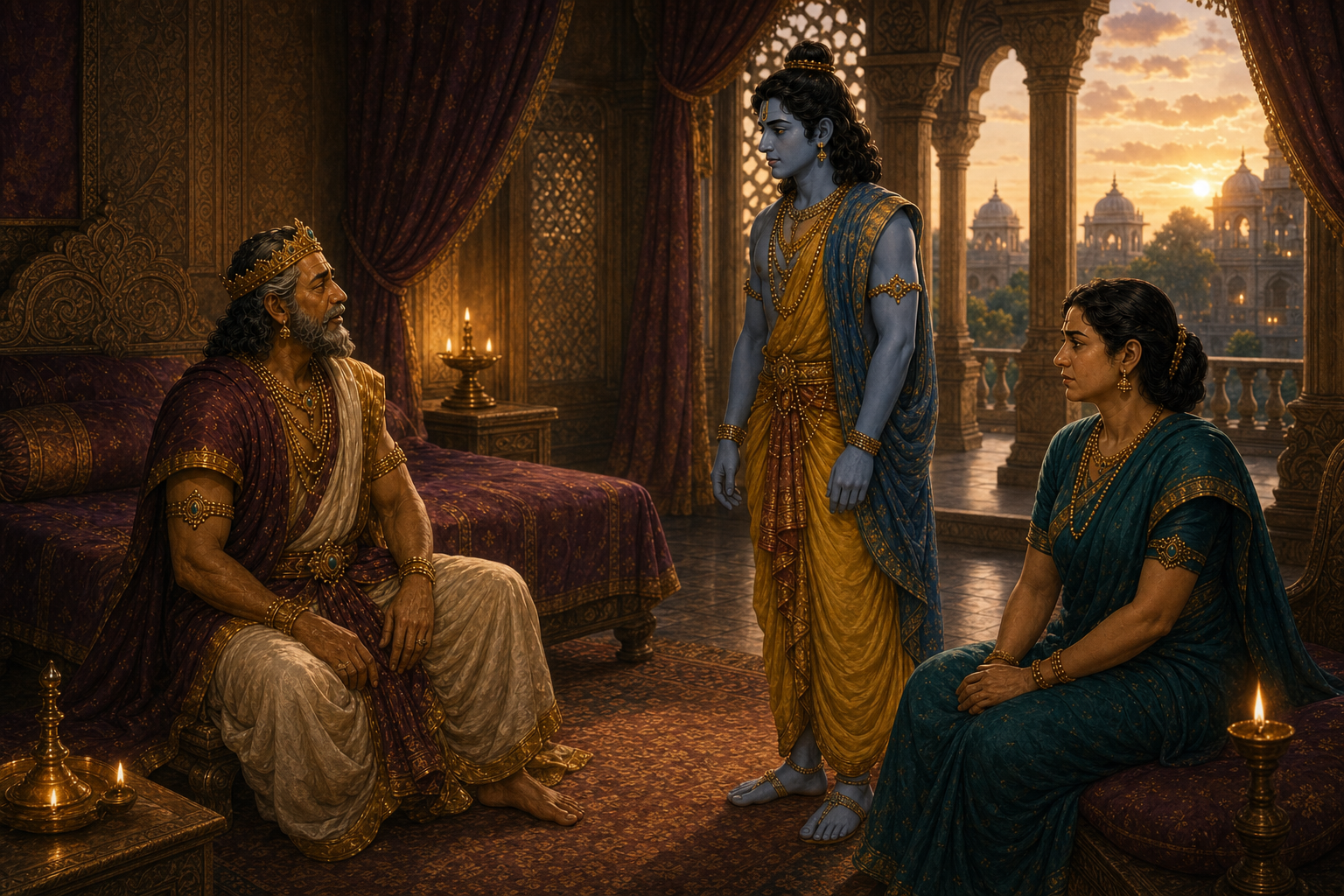 Dasharatha sits grief-stricken after hearing Kaikeyi's demand for the two boons