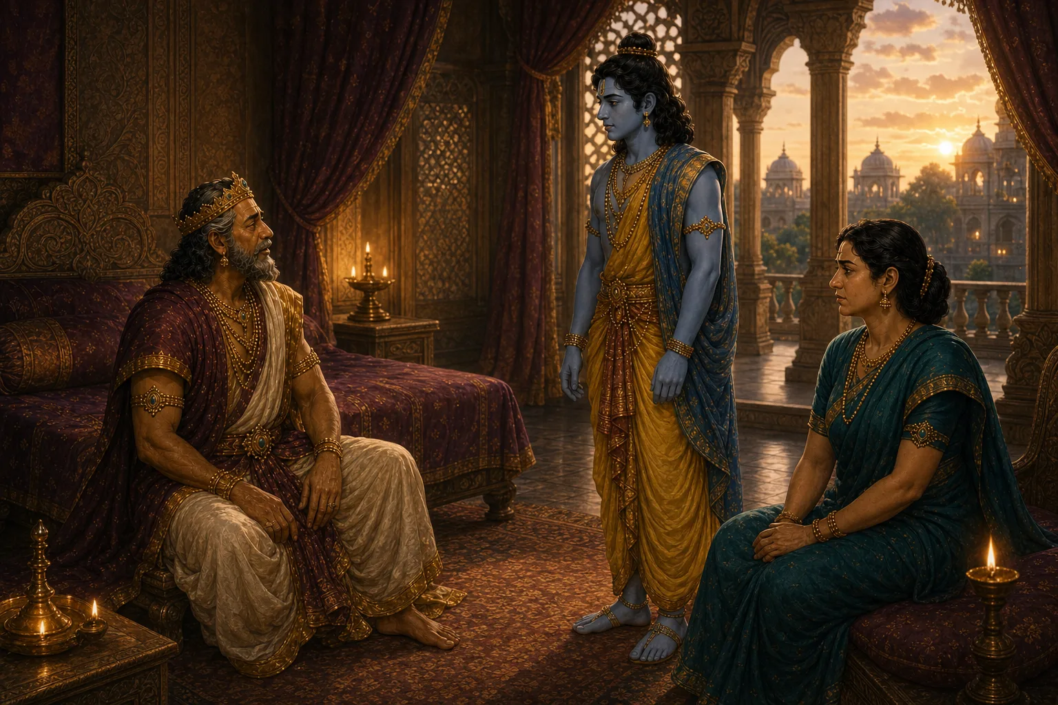 Dasharatha sits grief-stricken after hearing Kaikeyi's demand for the two boons