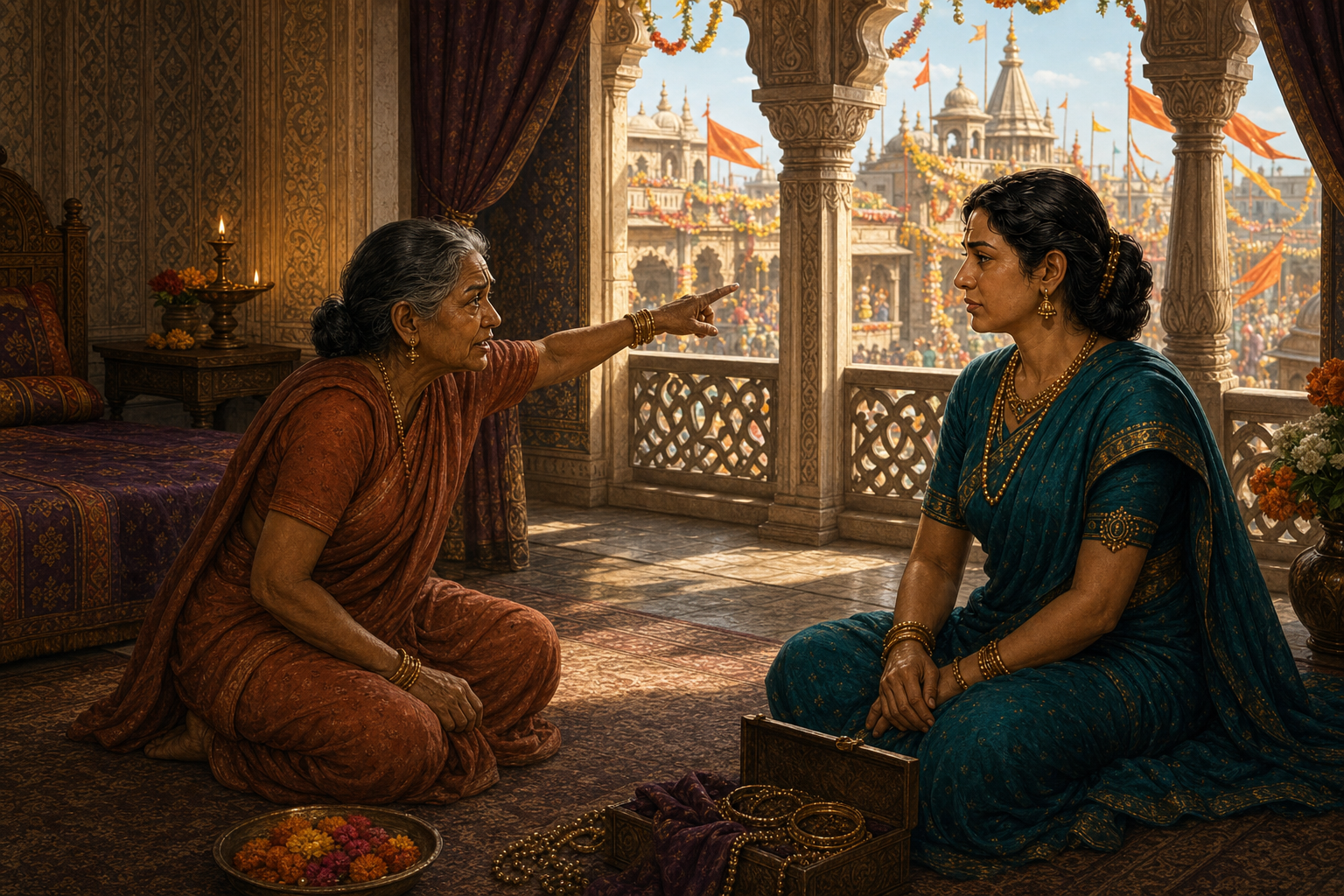 Manthara points toward the celebrating city while sharing her fears with Kaikeyi