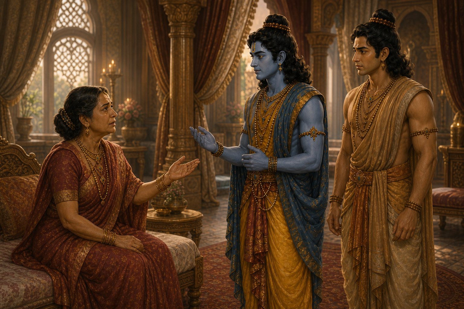 Ram calmly explains the exile to Kaushalya and an anguished Lakshman
