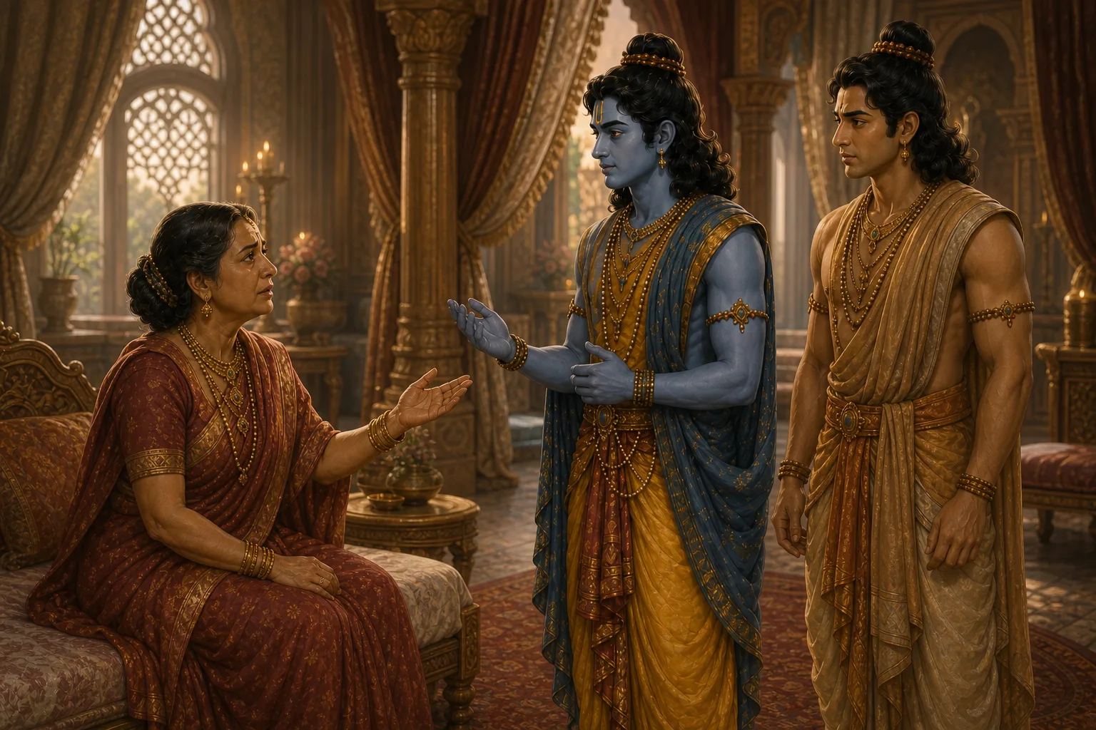 Ram calmly explains the exile to Kaushalya and an anguished Lakshman