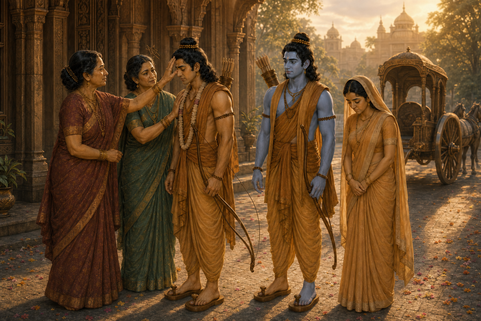 Ram, Sita, and Lakshman in simple forest clothing take leave of the elders