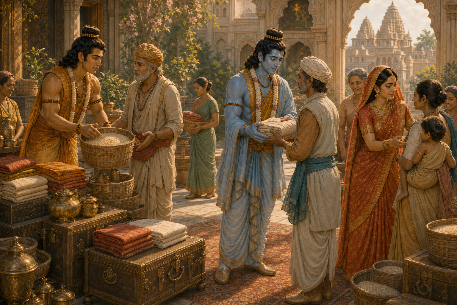 Ram, Sita, and Lakshman distribute provisions for dependent households and workers before leaving