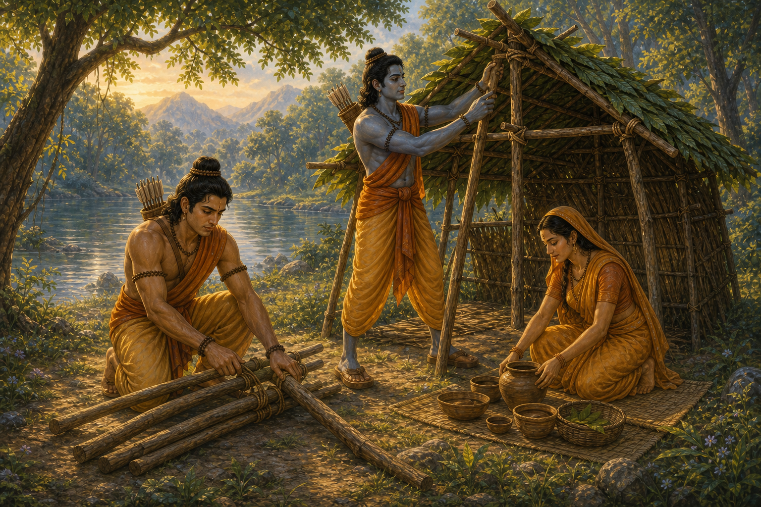 Ram, Sita, and Lakshmana build their forest home together at Chitrakuta