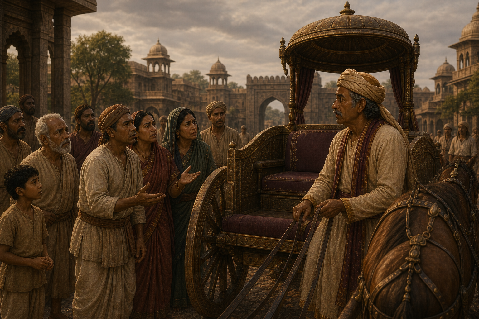 The people of Ayodhya gather anxiously around Sumantra and the returning empty chariot