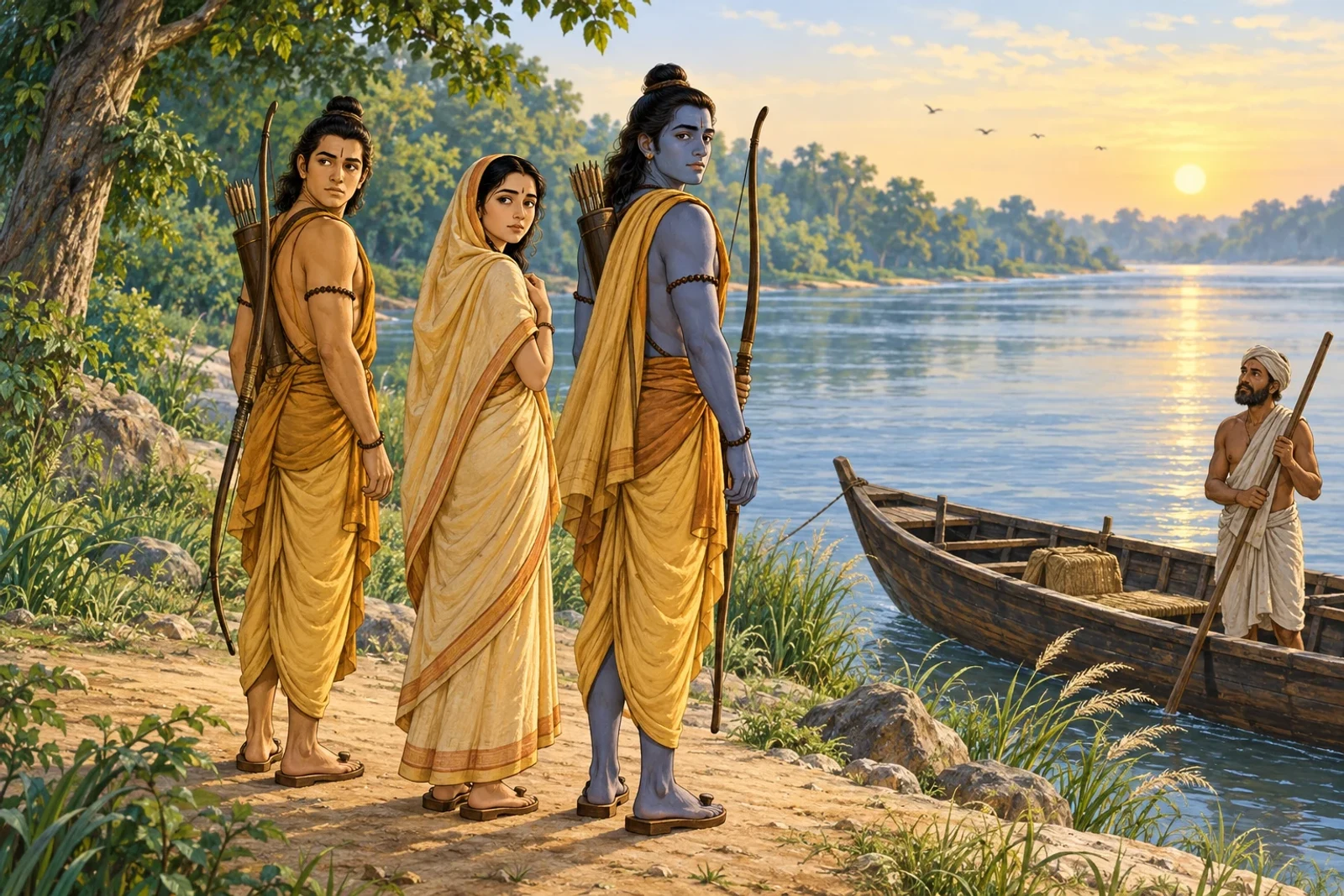 Ram, Sita, and Lakshman turn for one last look toward Ayodhya before boarding the boat at the Ganga