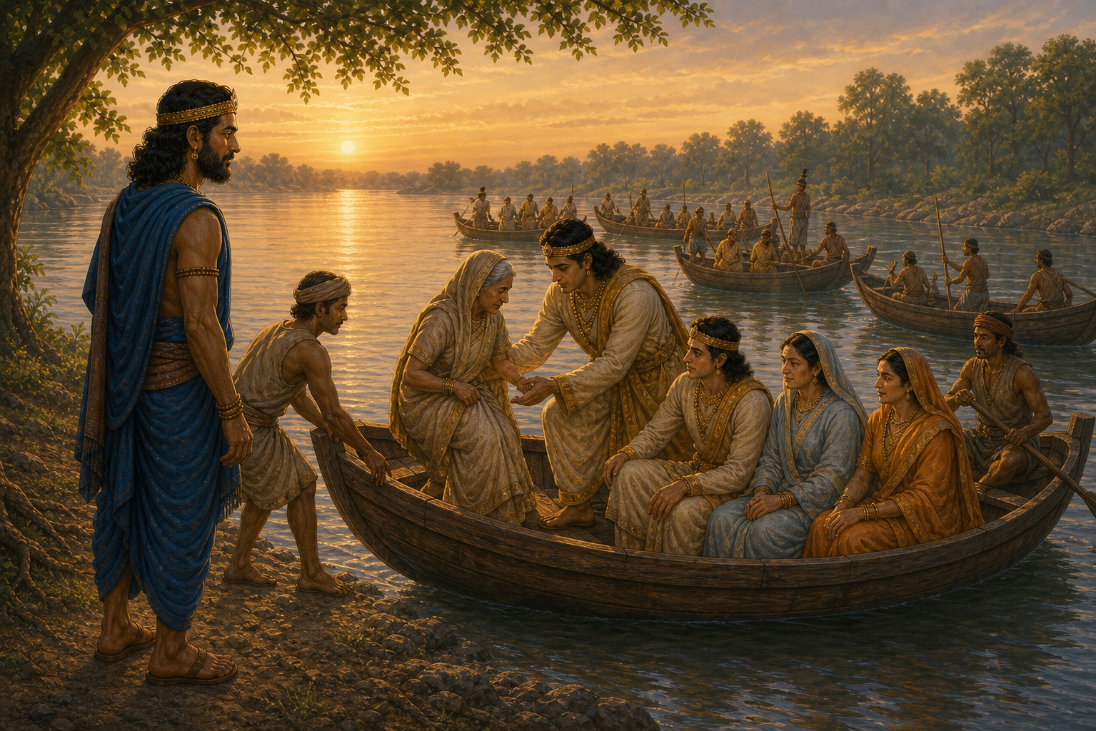 Bharata's company crosses the Ganga safely with help from Guha's community