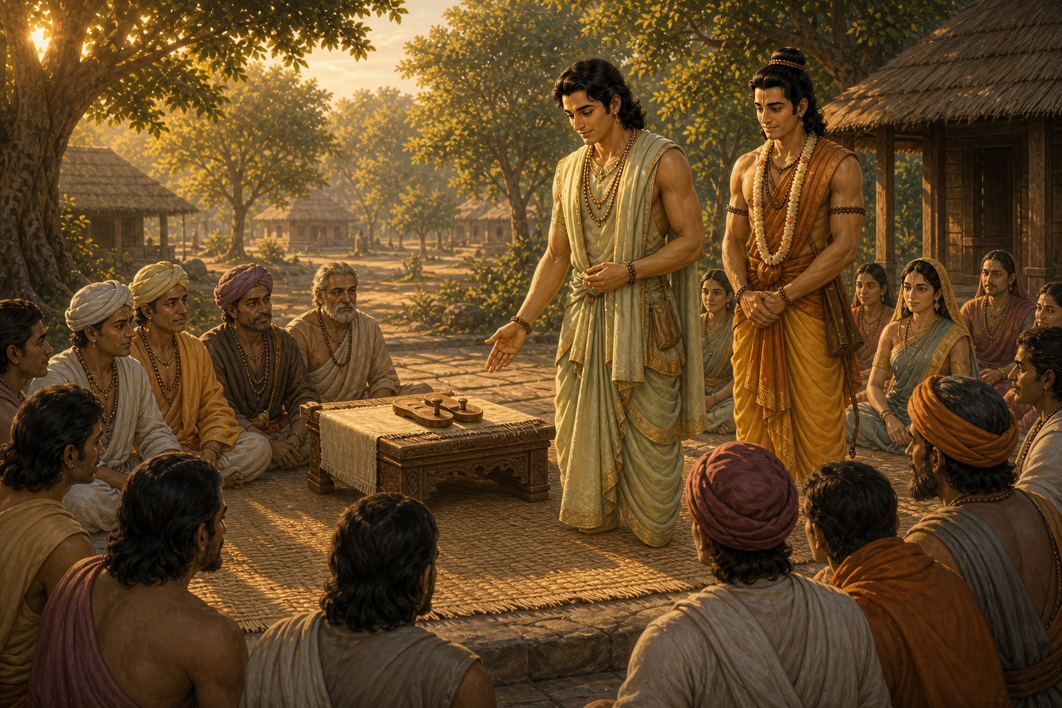 At Nandigrama Bharata consults the people and ministers before Ram's wooden khadau
