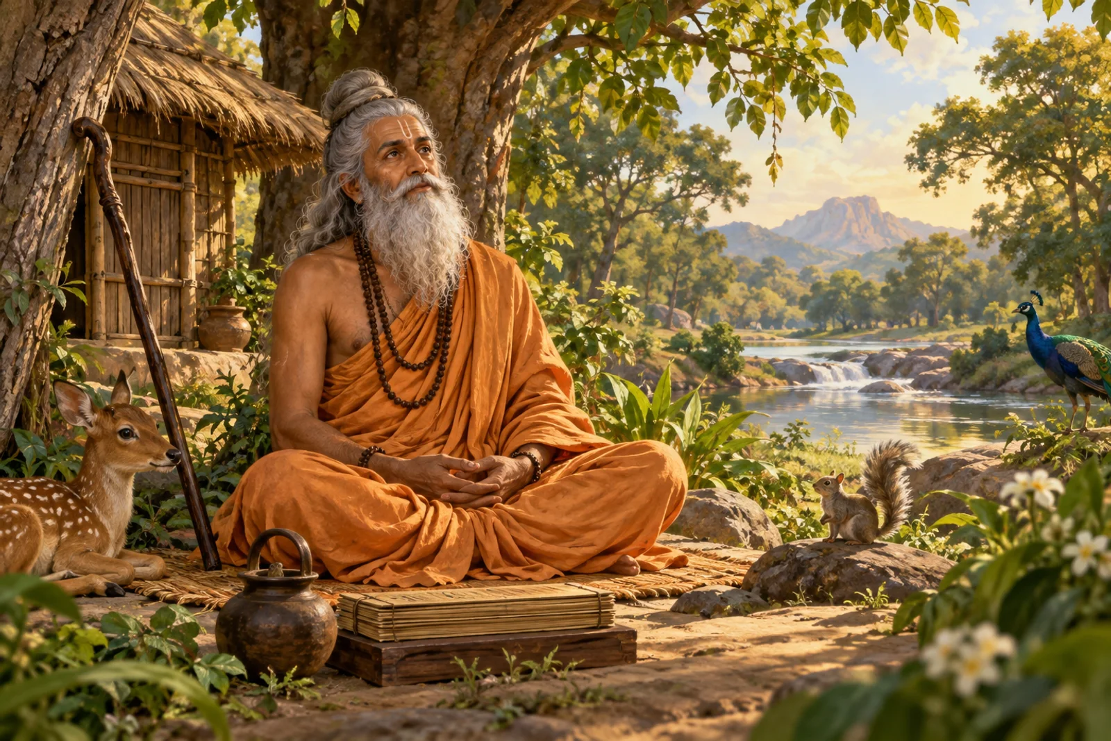 Valmiki meditates beneath a tree at his forest hermitage as he begins to envision Ram's story