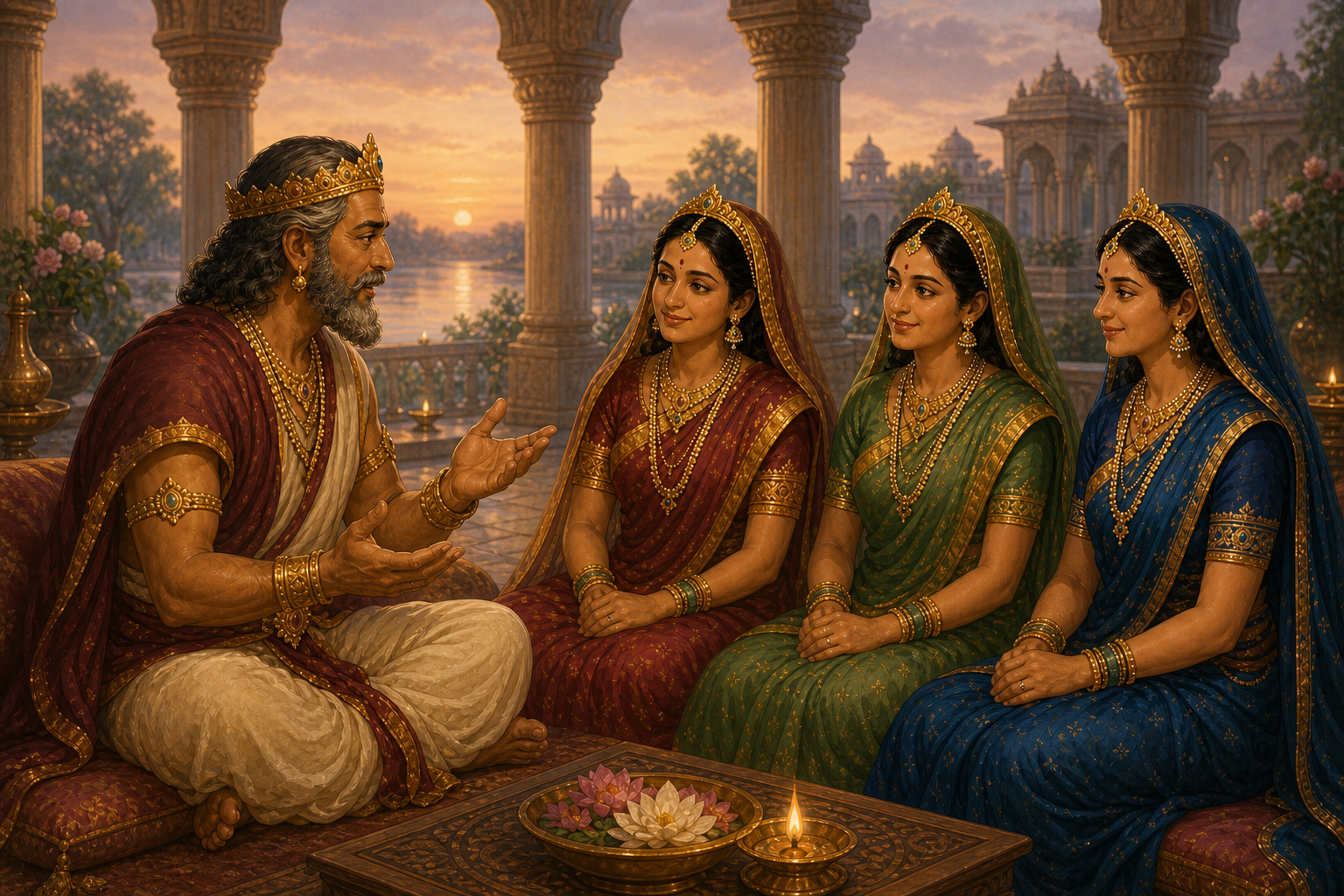Dasharatha reflects with Kausalya, Kaikeyi, and Sumitra on their family and Ayodhya's future