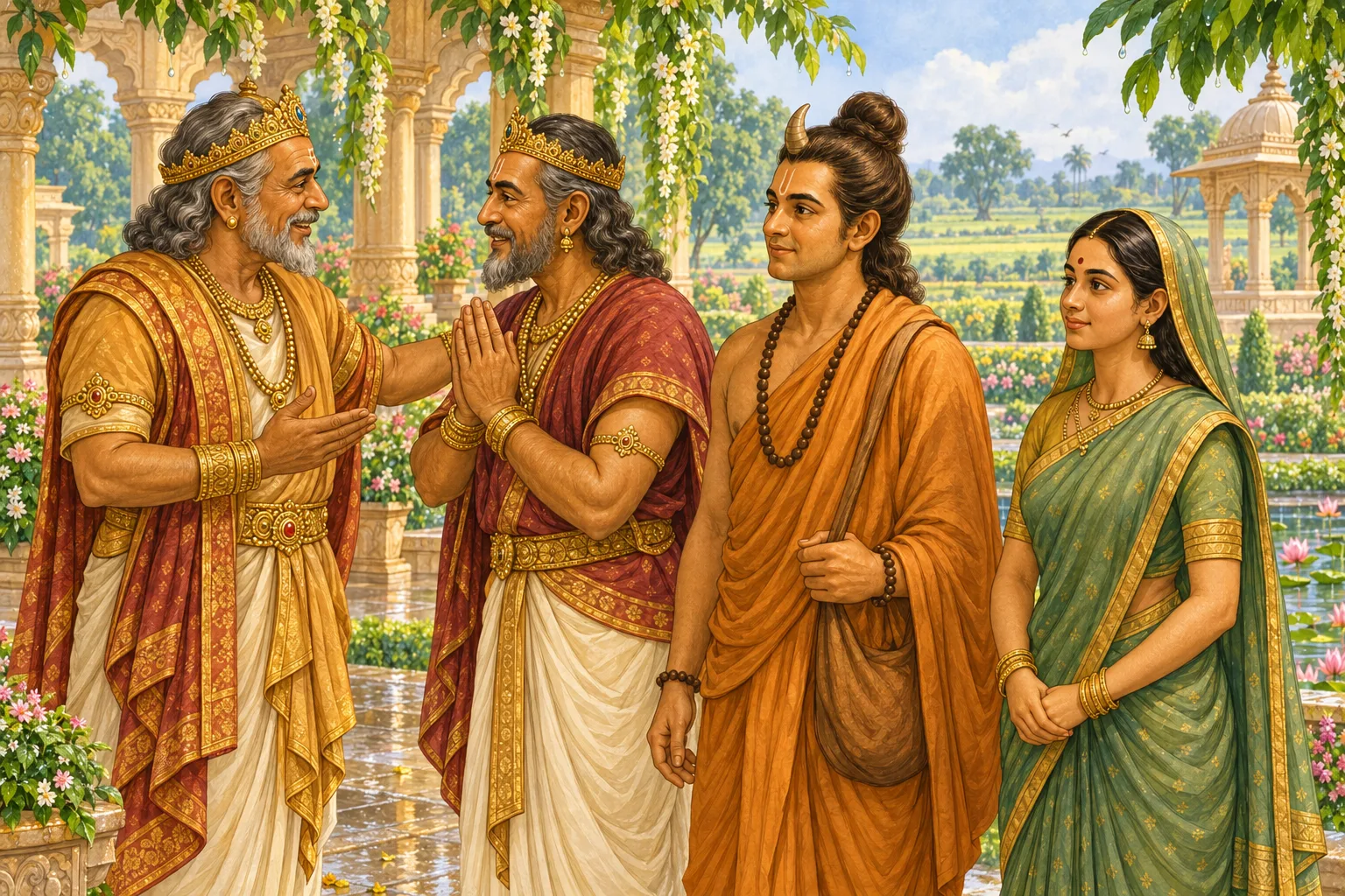 Dasharatha invites Rishyasringa and Shanta to Ayodhya in the rain-fresh garden of Anga
