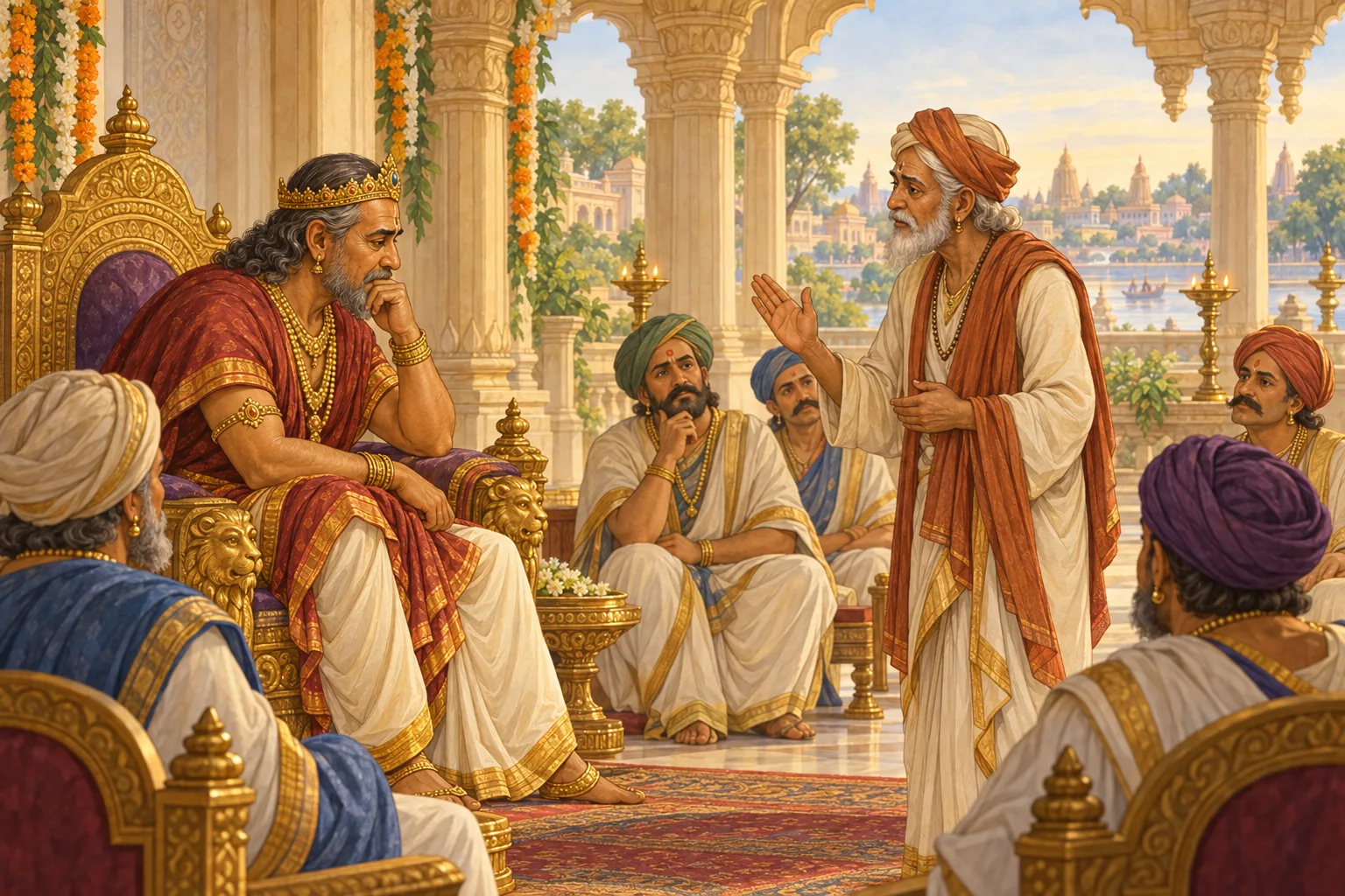 Sumantra recalls an old prophecy while the troubled King Dasharatha listens in the council hall of Ayodhya