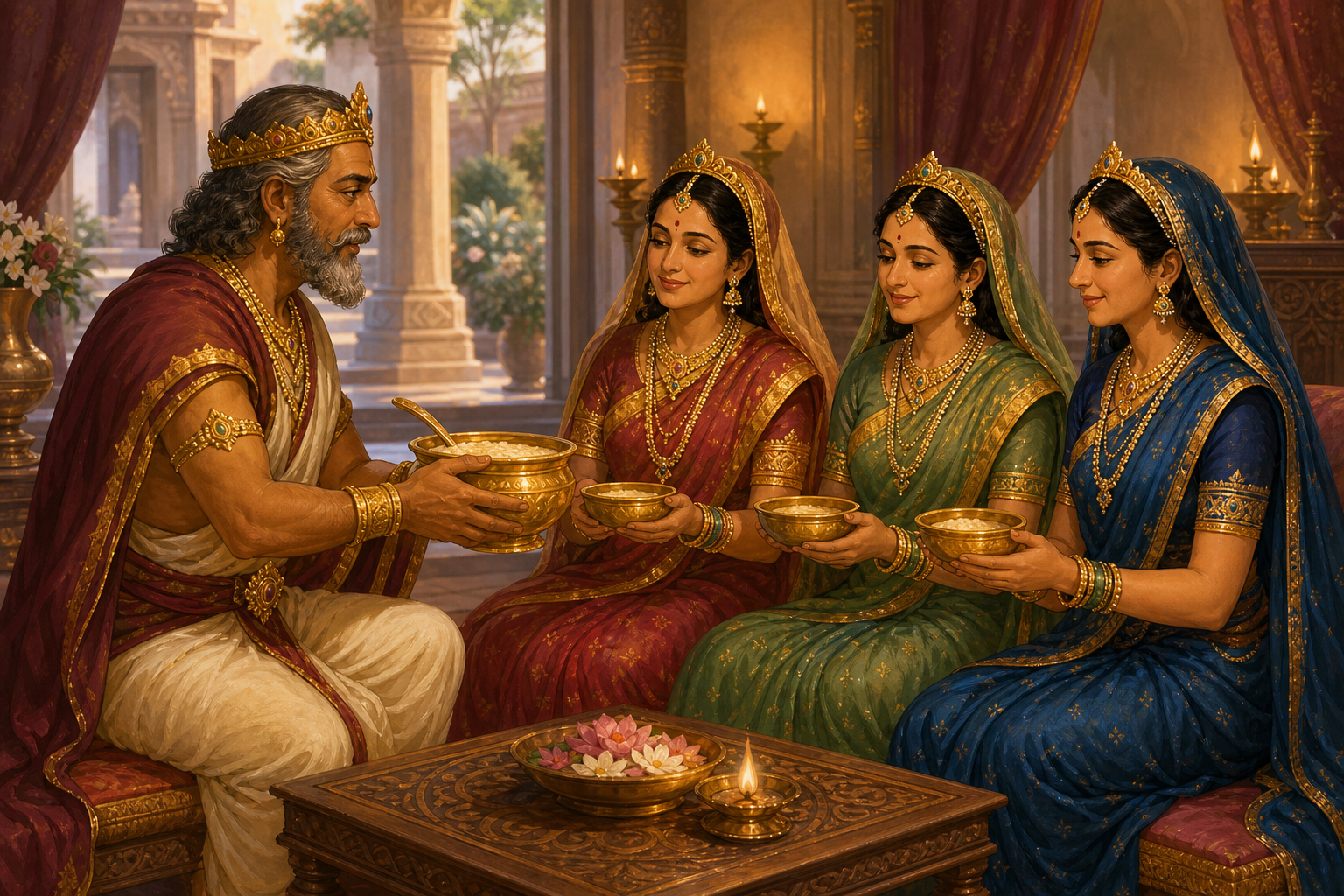 Dasharatha carefully shares the sacred payasa with Kausalya, Sumitra, and Kaikeyi