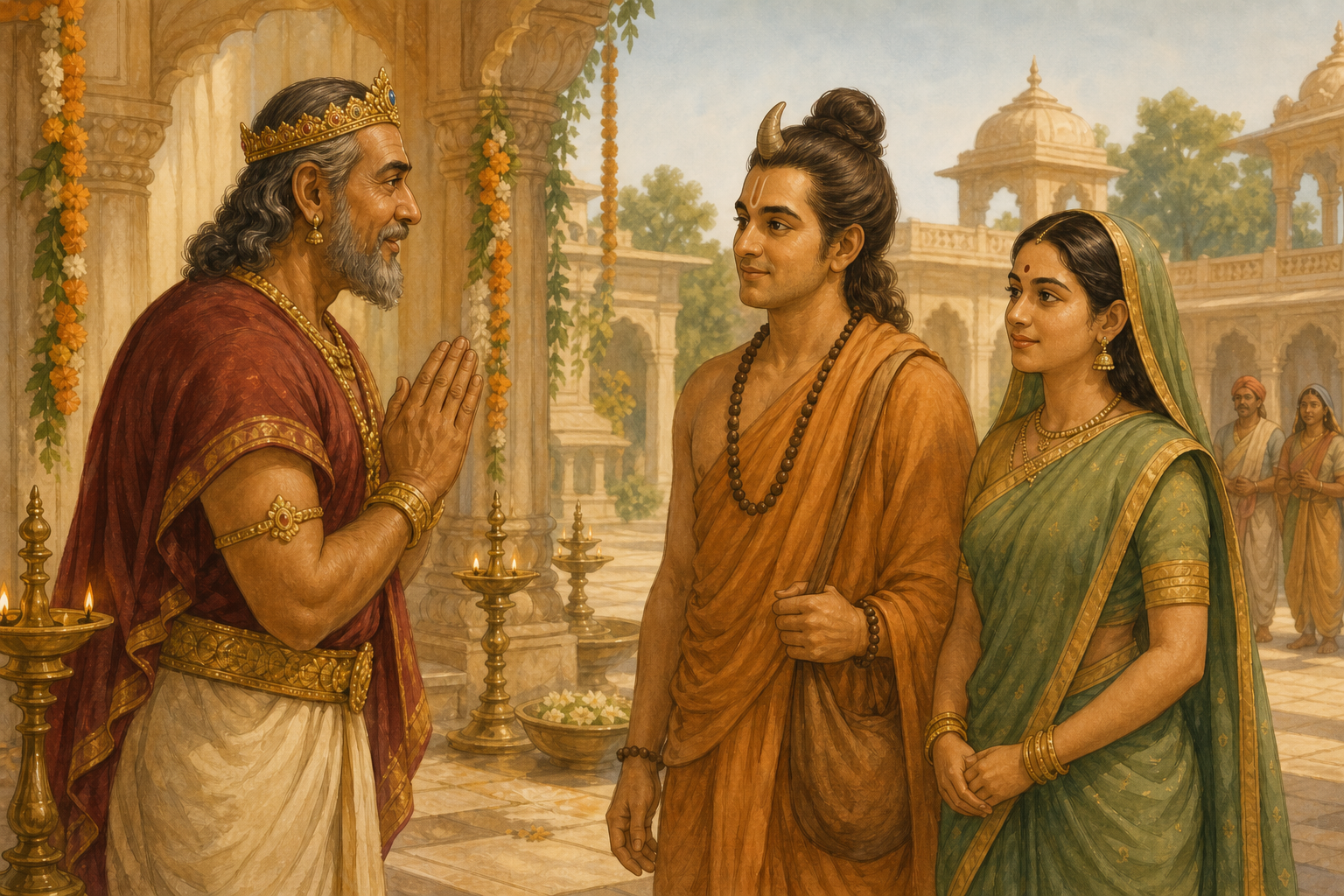 Dasharatha welcomes Rishyasringa and Shanta to Ayodhya