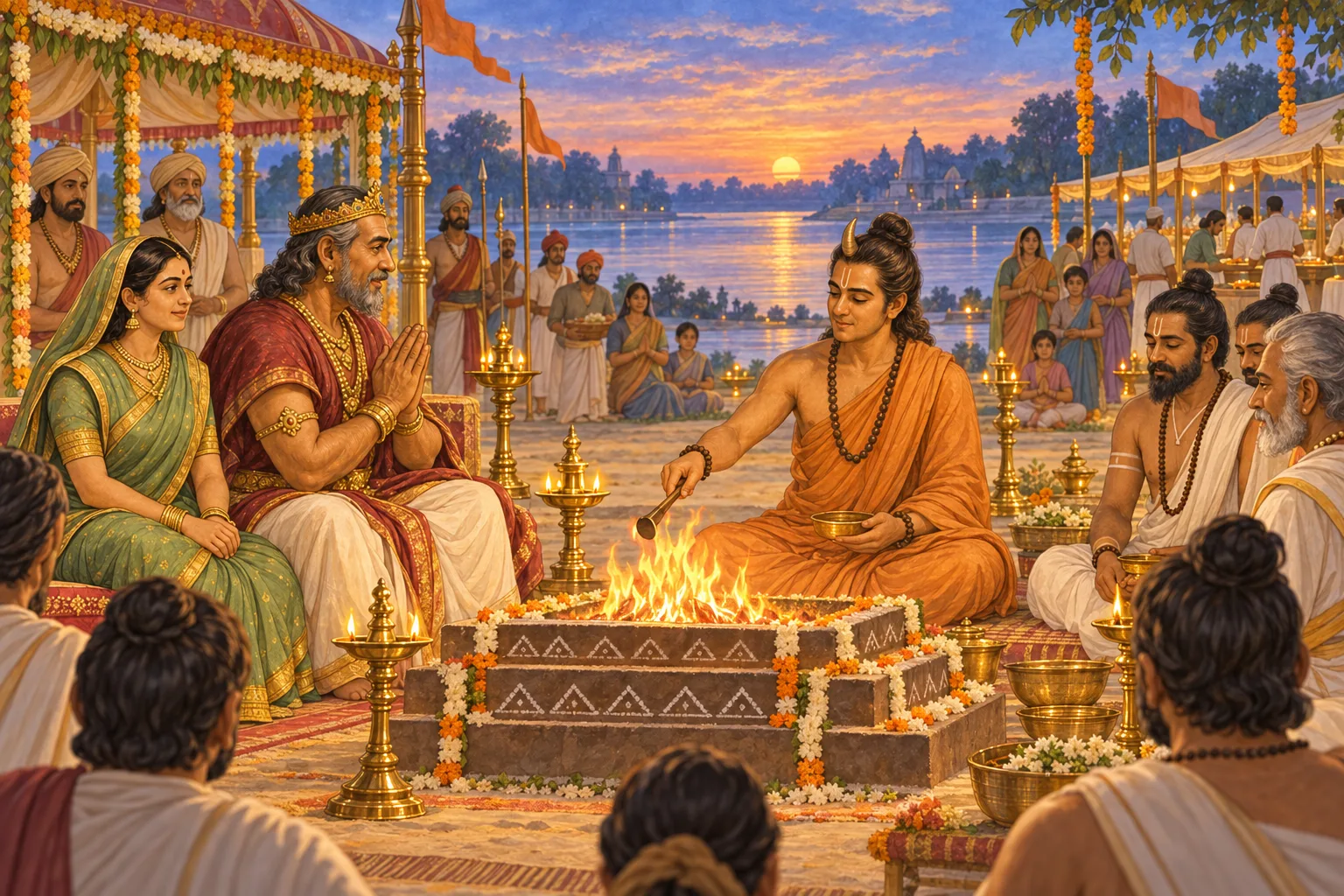 Rishyasringa guides the ceremony beside the Sarayu at twilight while Dasharatha and the gathered community participate