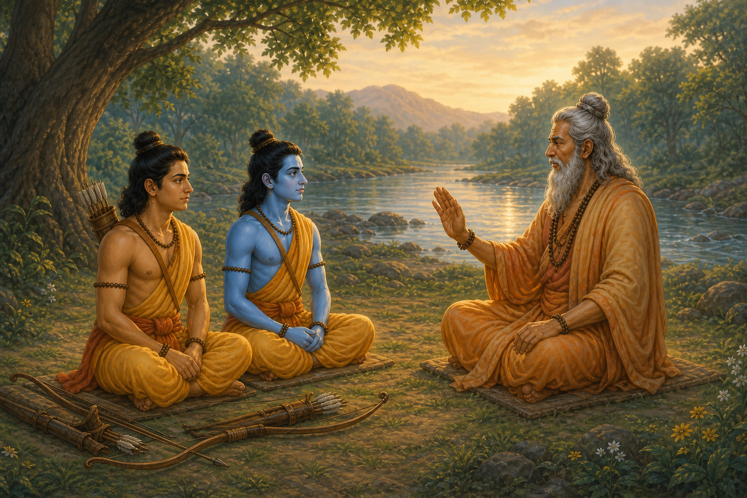 Vishvamitra teaches Bala and Atibala to Ram and Lakshmana beside the Sarayu