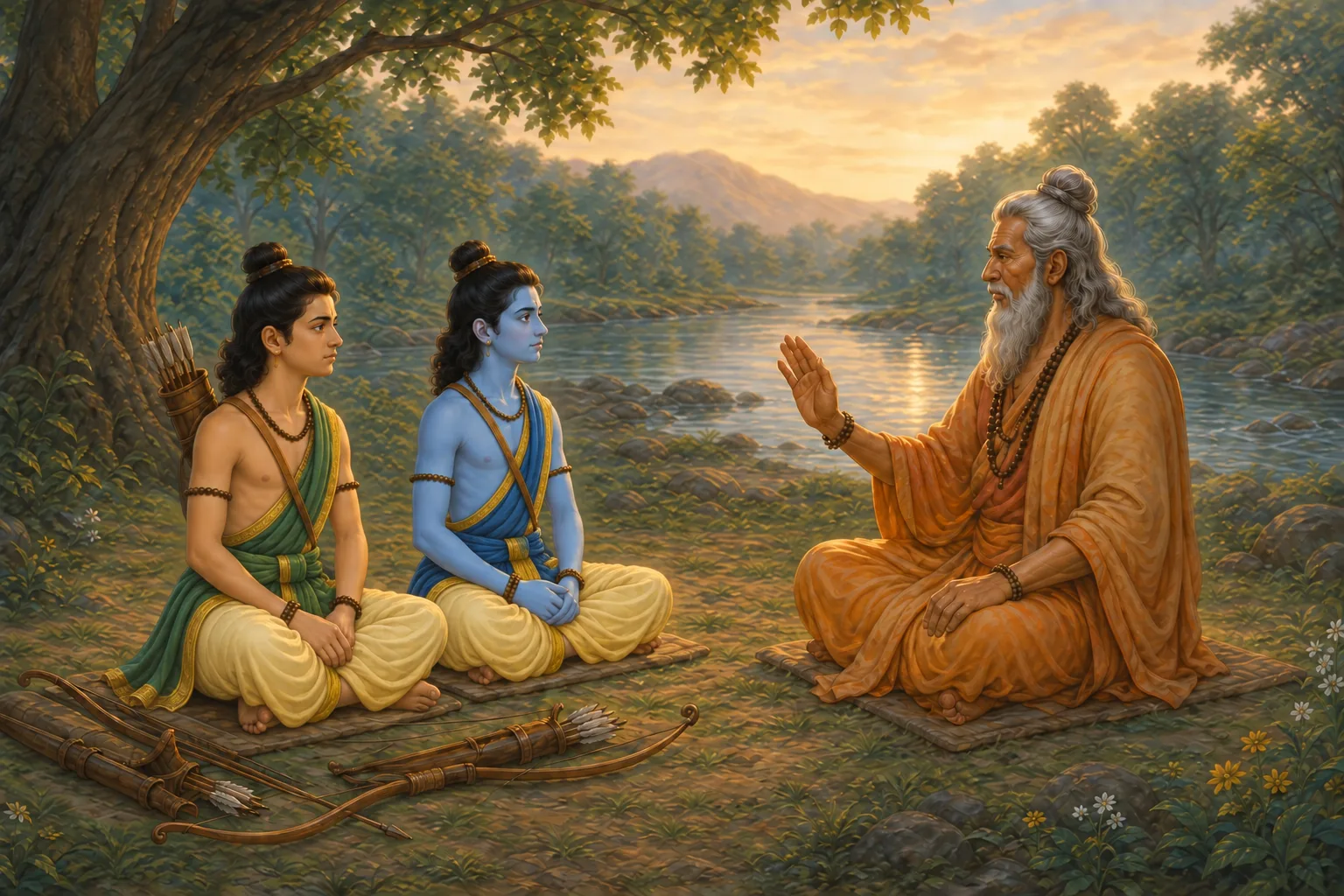 Vishvamitra teaches the disciplines of Bala and Atibala to Ram and Lakshman beside the quiet Sarayu
