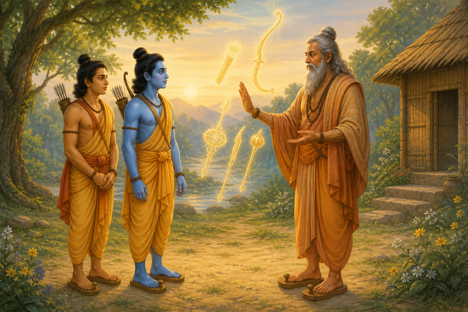 Vishvamitra entrusts Ram and Lakshmana with knowledge of the celestial weapons