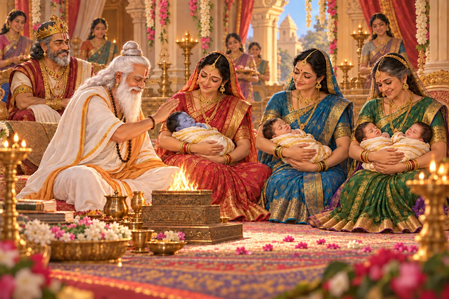 In the Ayodhya palace, Vashishtha blesses the four newborn princes during their naming ceremony