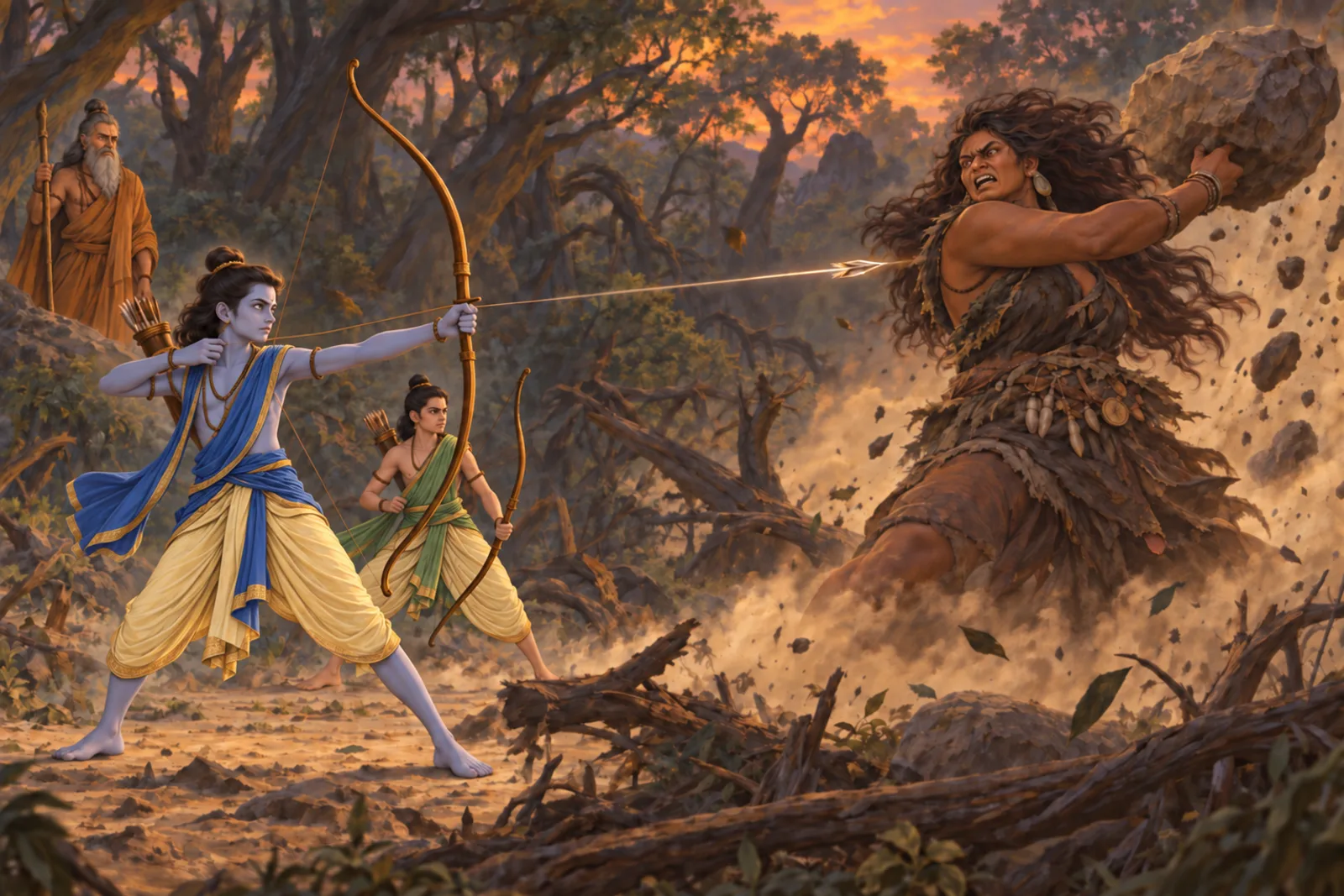 Tataka advances through the dusk forest with a raised boulder as Ram releases the final arrow that stops her attack