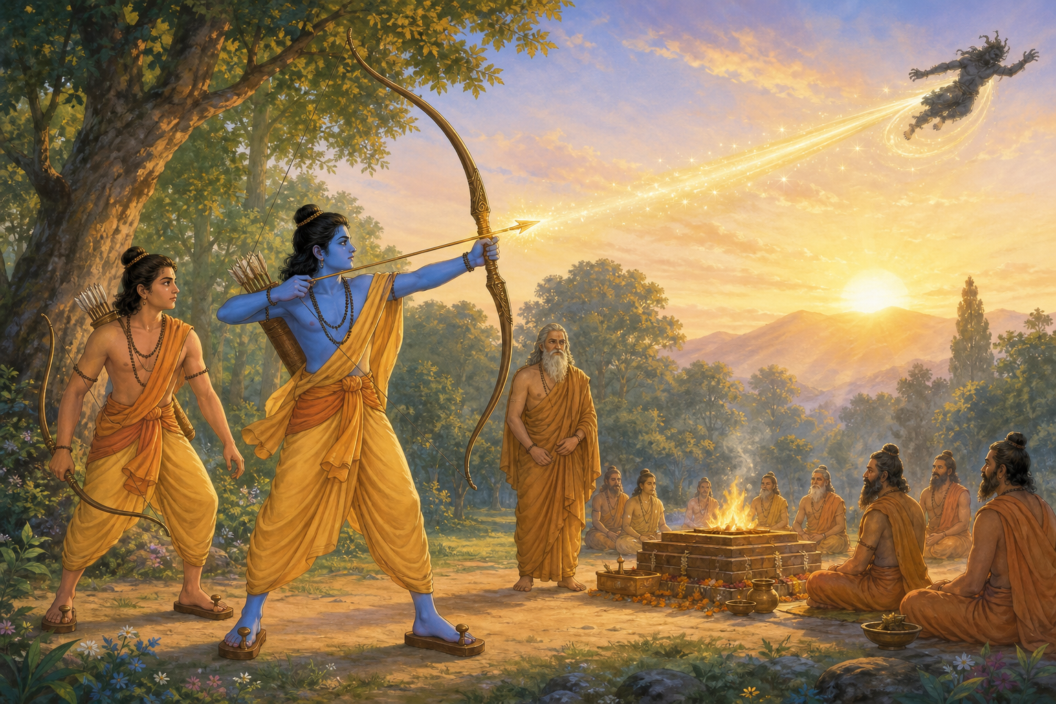 Ram drives Maricha safely away from Vishvamitra's ceremonial ground