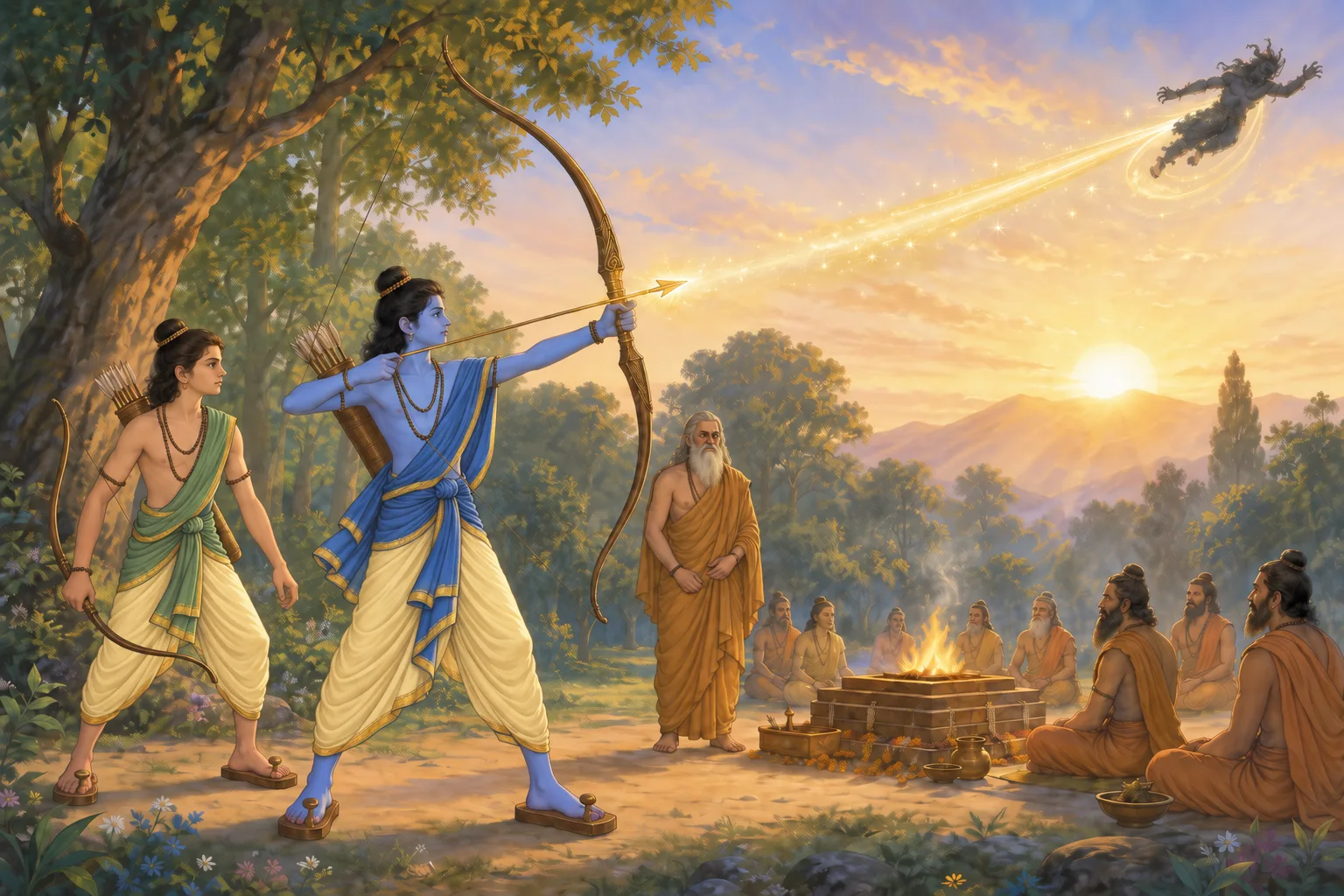 Ram drives Maricha safely away from Vishvamitra's ceremonial ground