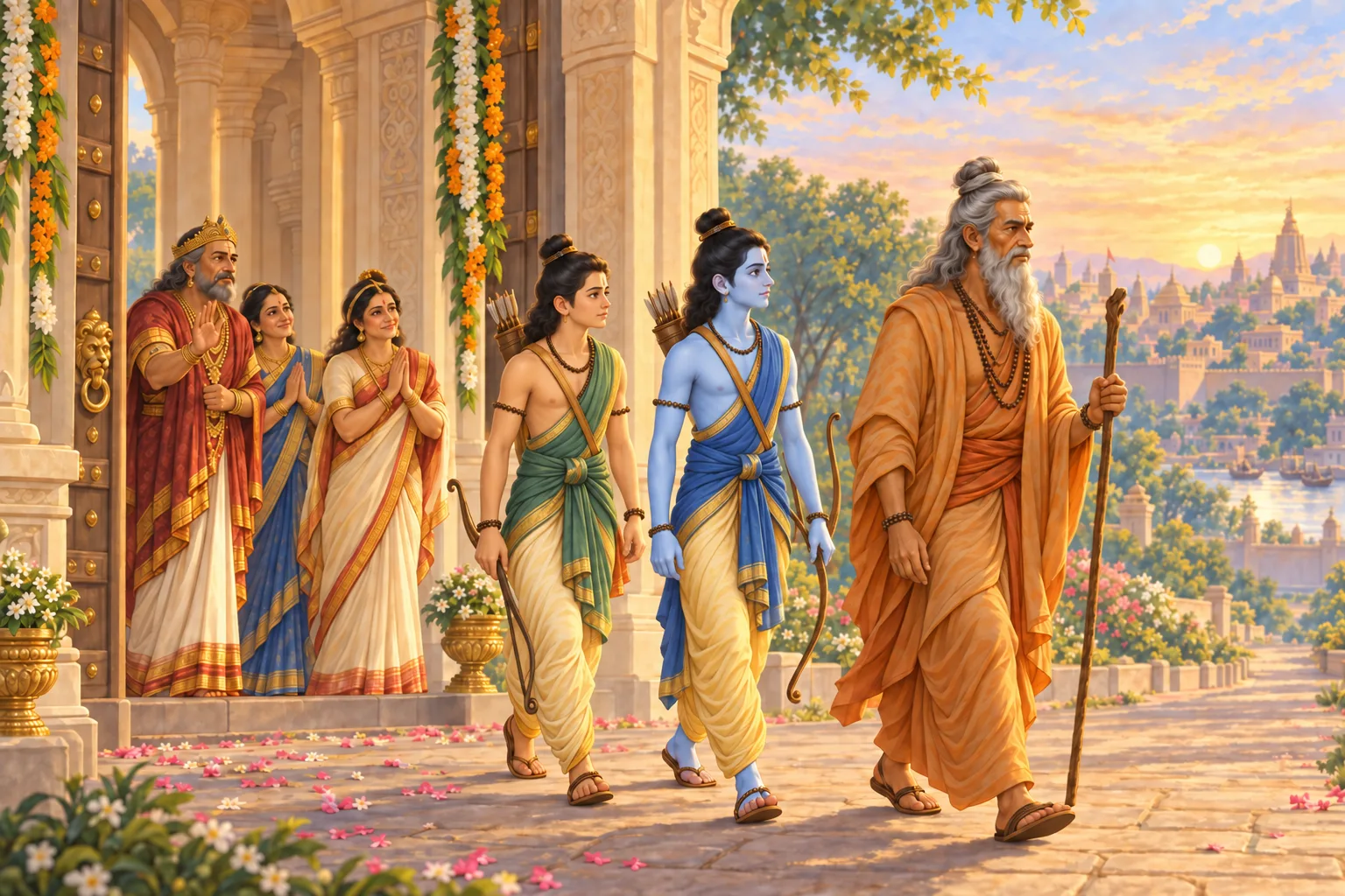 Vishvamitra leads Ram and Lakshman out of Ayodhya on foot at dawn while the royal family watches from the gate