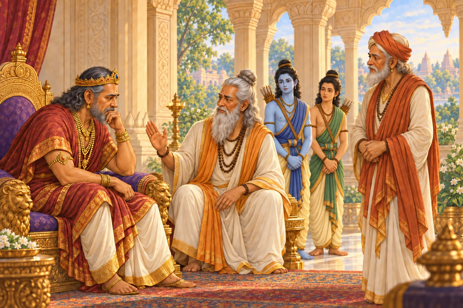 Vashishtha gives calm but firm counsel to the worried Dasharatha as Vishvamitra and the young princes listen