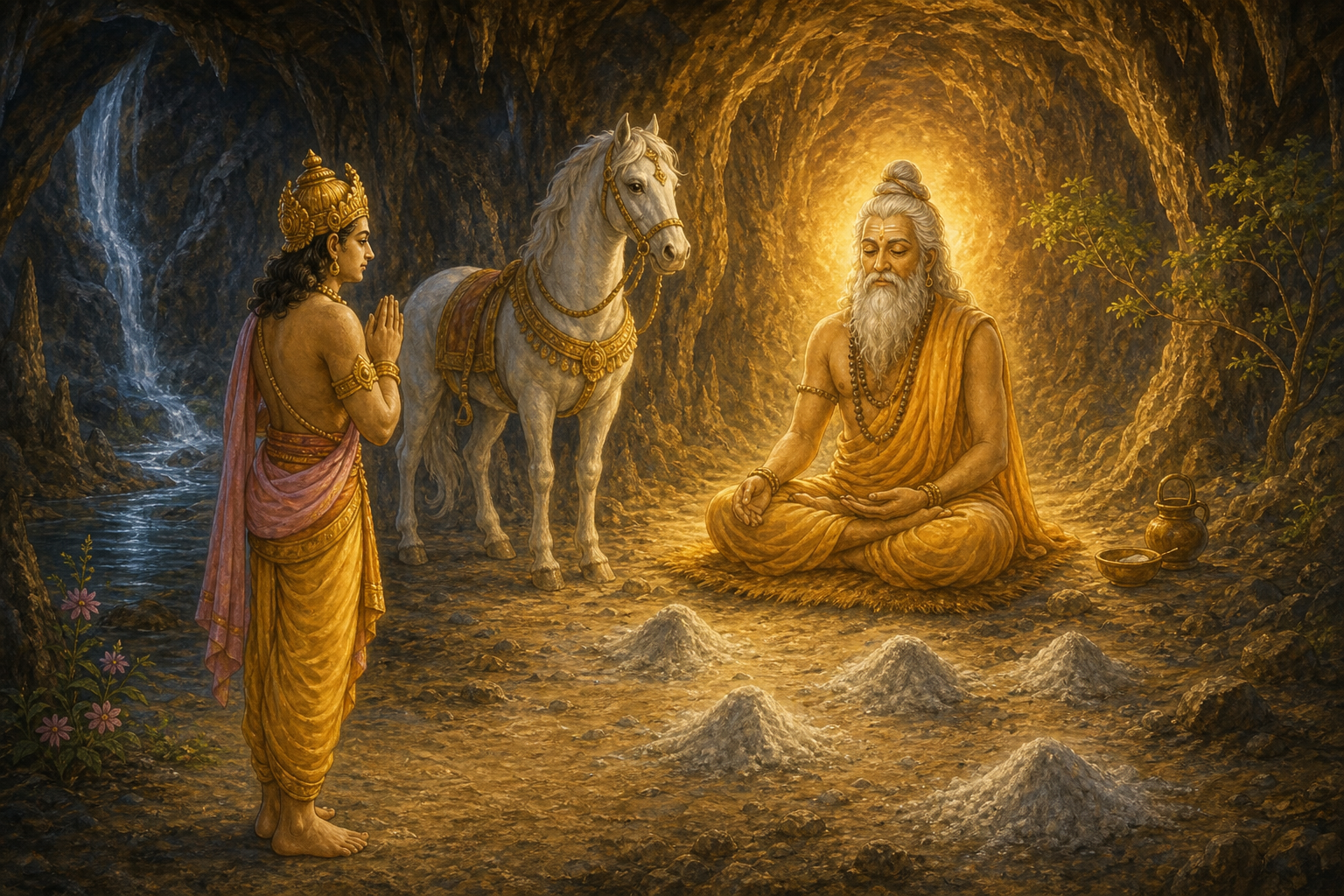 Anshuman respectfully seeks guidance after finding the sacrificial horse near Sage Kapila
