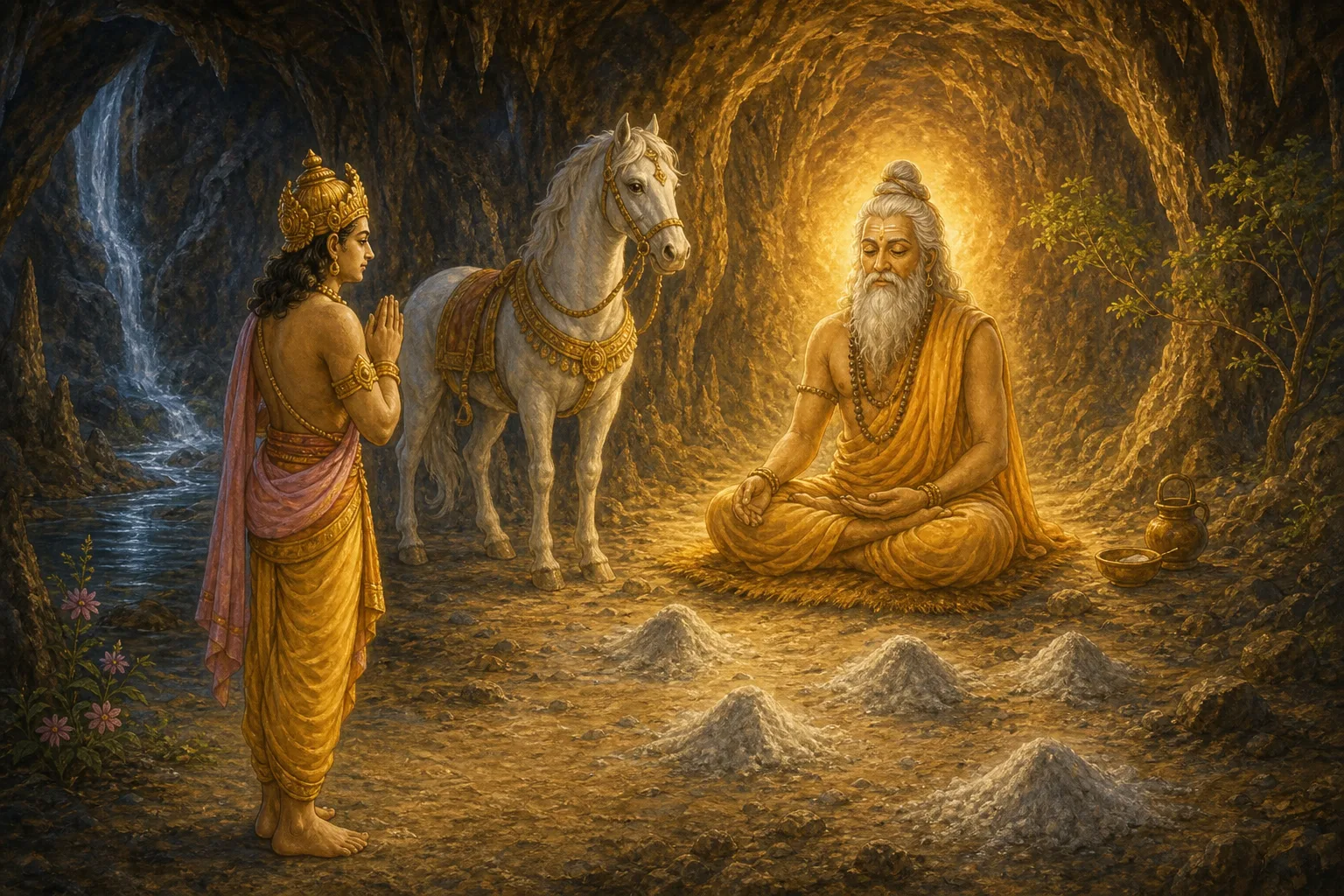 Anshuman respectfully seeks guidance after finding the sacrificial horse near Sage Kapila