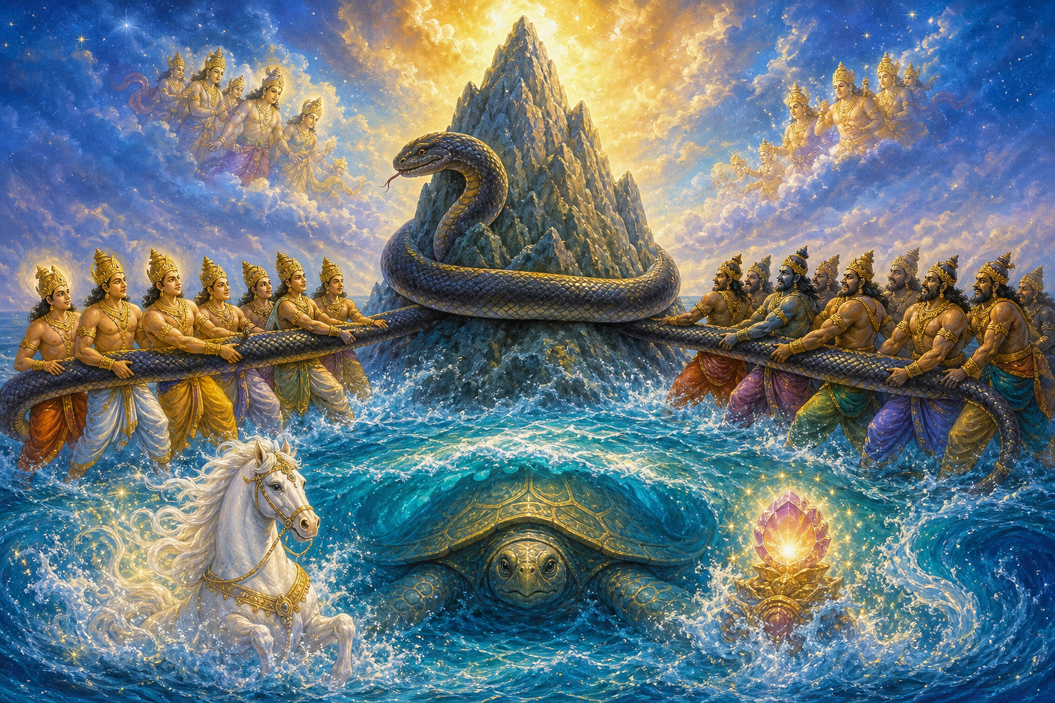 Devas and asuras work together to churn the Ocean of Milk