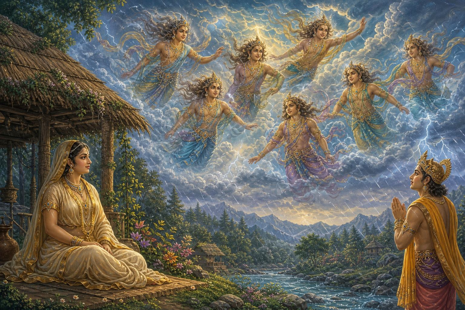 The seven Maruts appear as radiant deities of wind and rain before Diti and Indra
