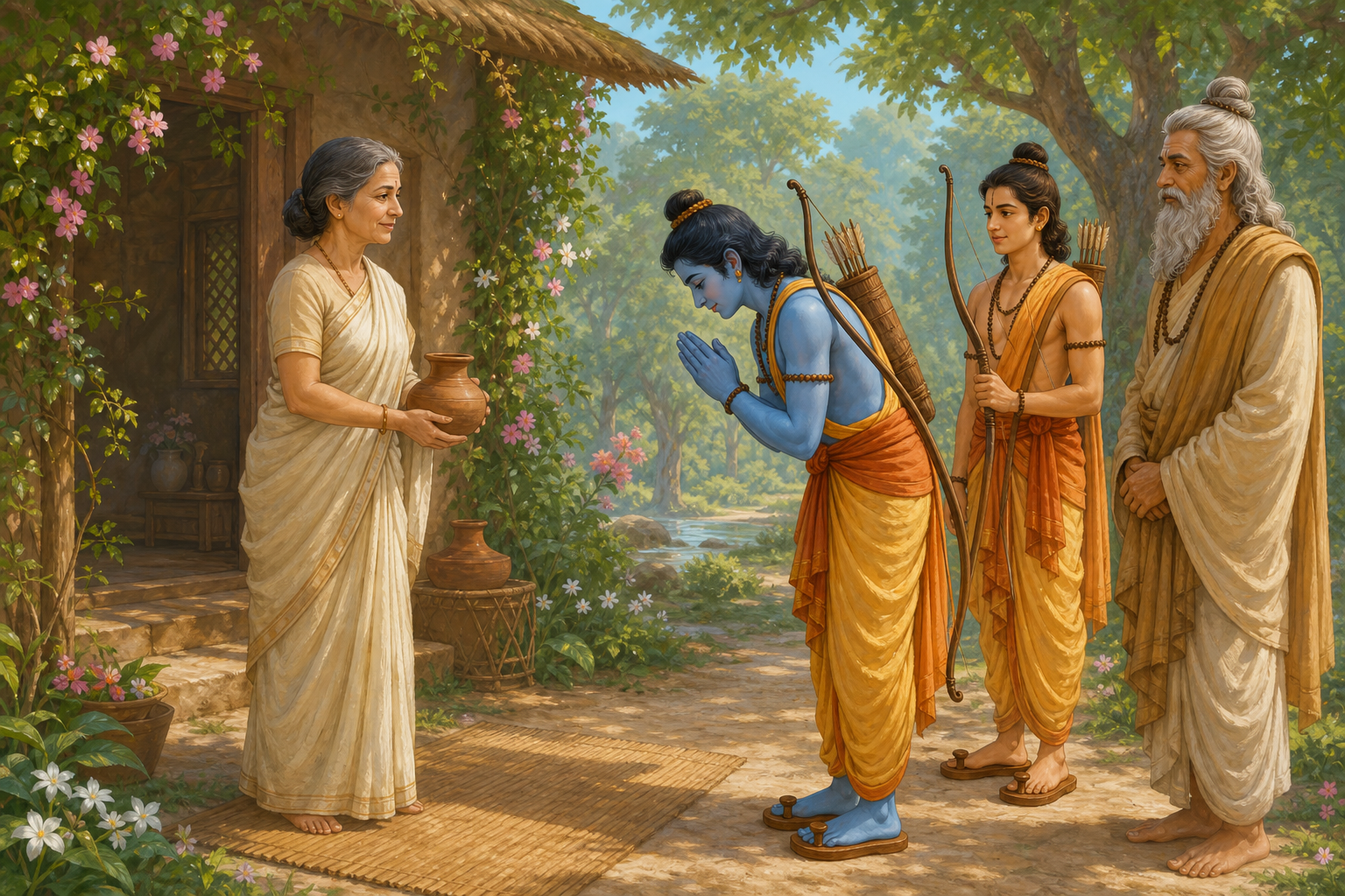 Ahalya welcomes Ram, Lakshmana, and Vishvamitra at the hermitage