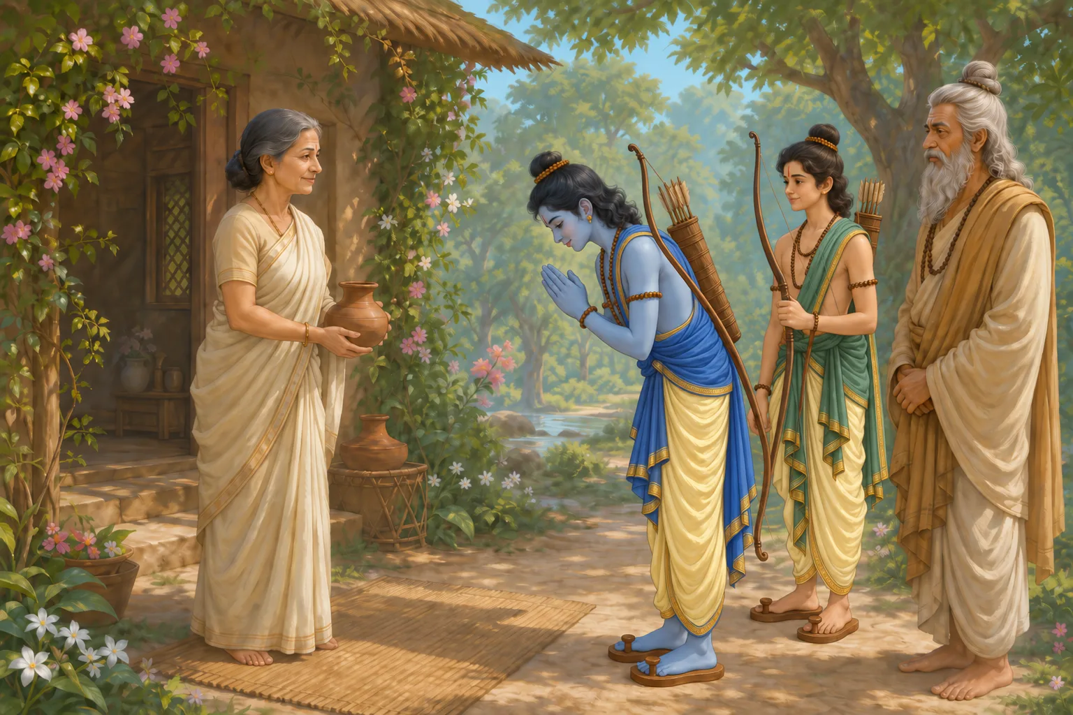 Ahalya welcomes Ram, Lakshman, and Vishvamitra at the hermitage