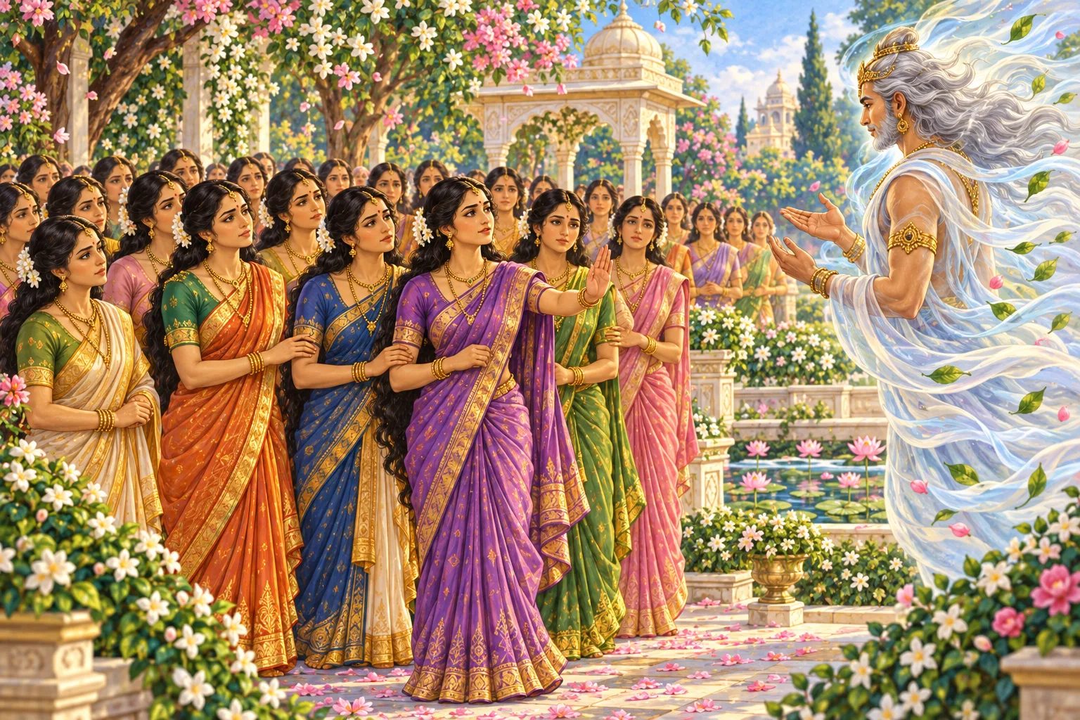 Kusanabha's daughters stand together in the garden and firmly refuse Vayu's demand