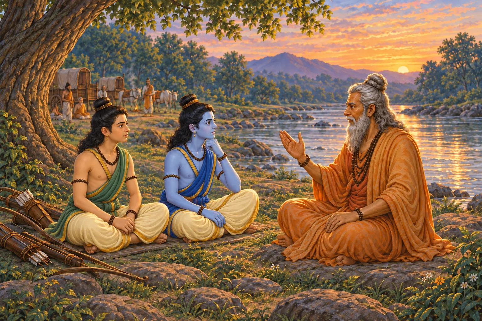Vishvamitra tells Ram and Lakshman about his ancestors beside the River Sona at sunset