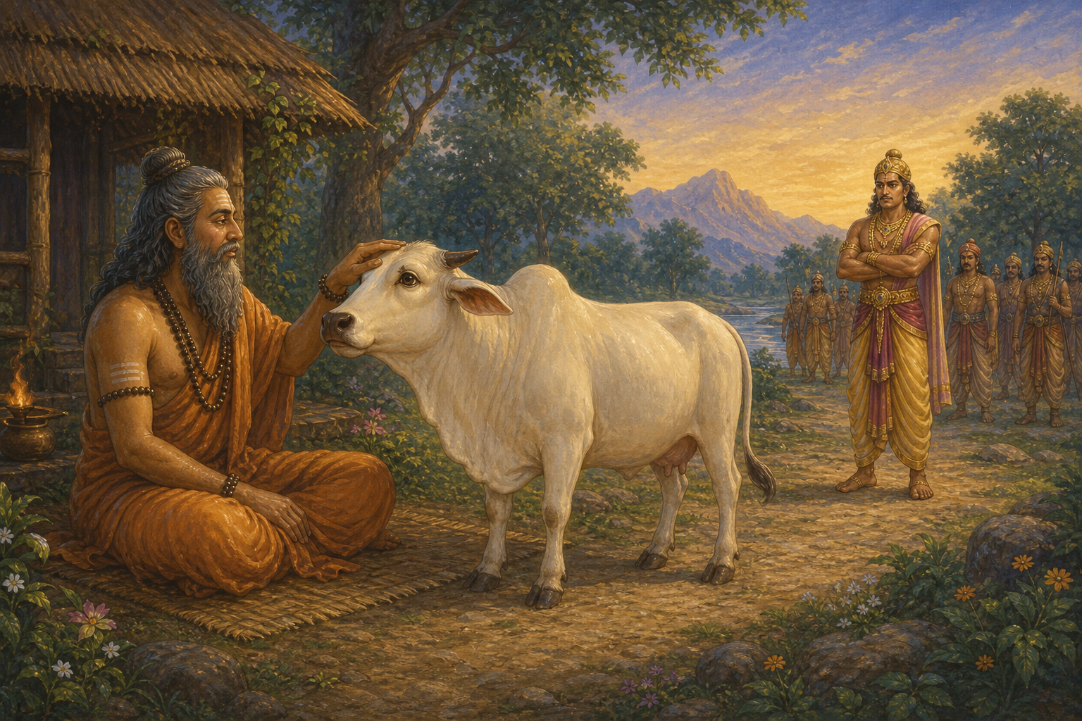 Shabala seeks Vashishtha's protection while King Vishvamitra watches from a distance
