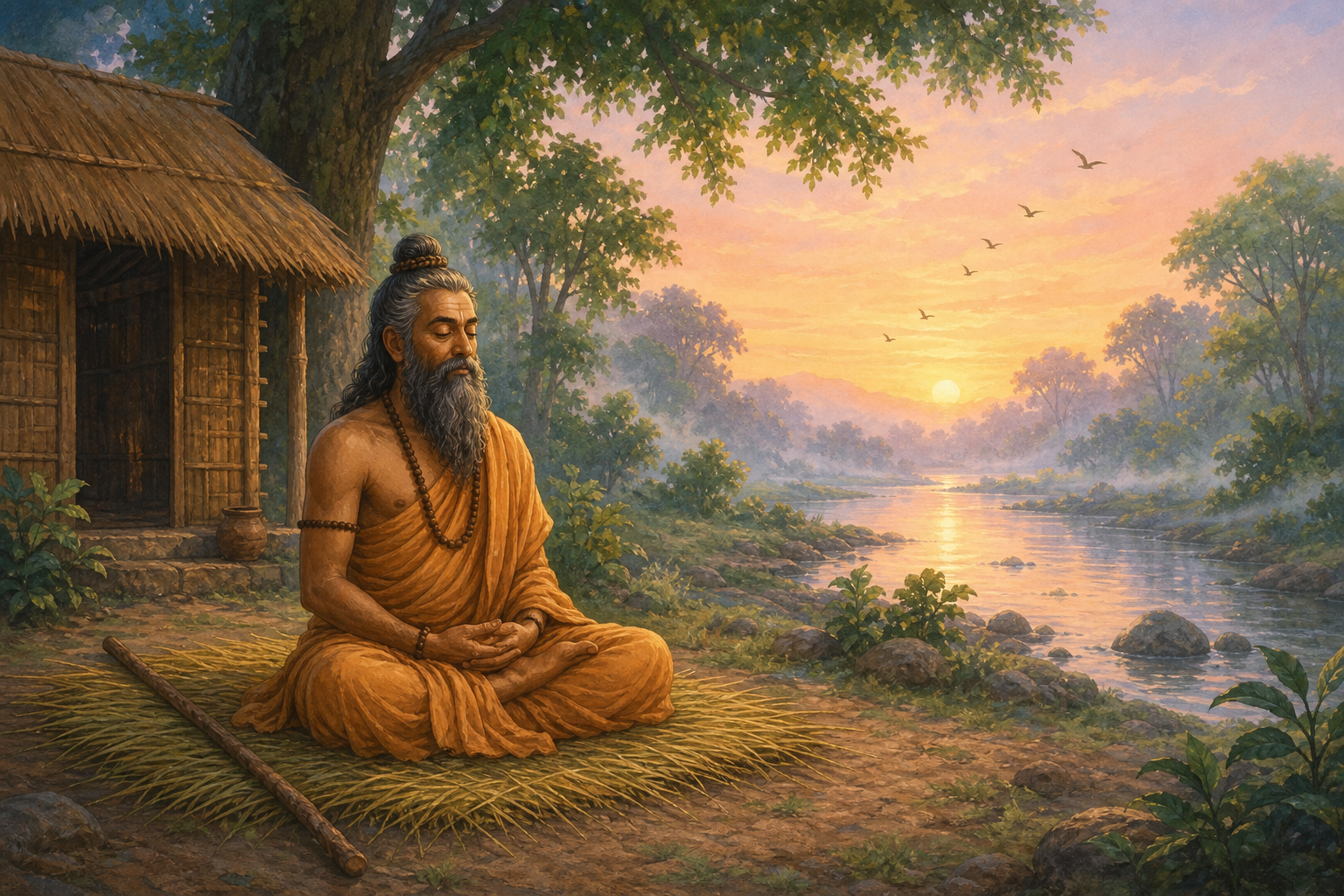 Vishvamitra sits in peaceful meditation beside a forest river