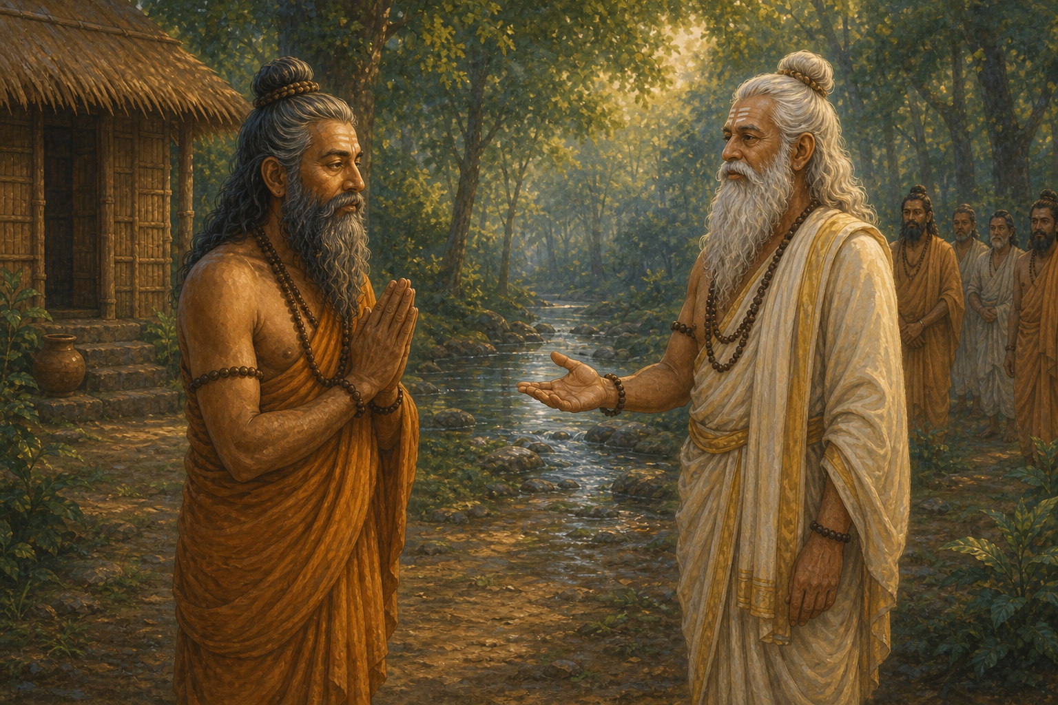 Vashishtha peacefully welcomes Vishvamitra as a Brahmarshi