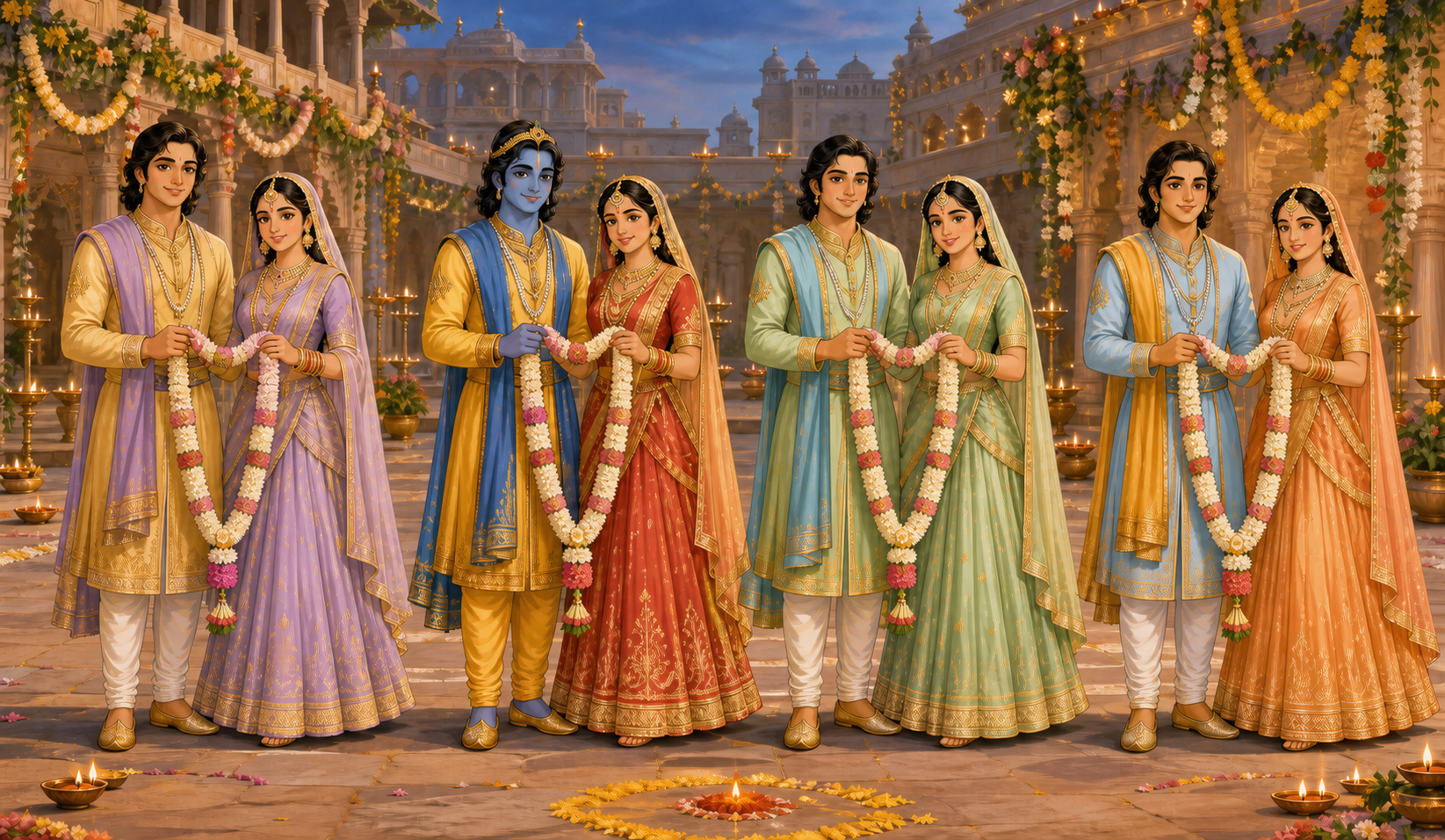 The four newly married couples together in Mithila
