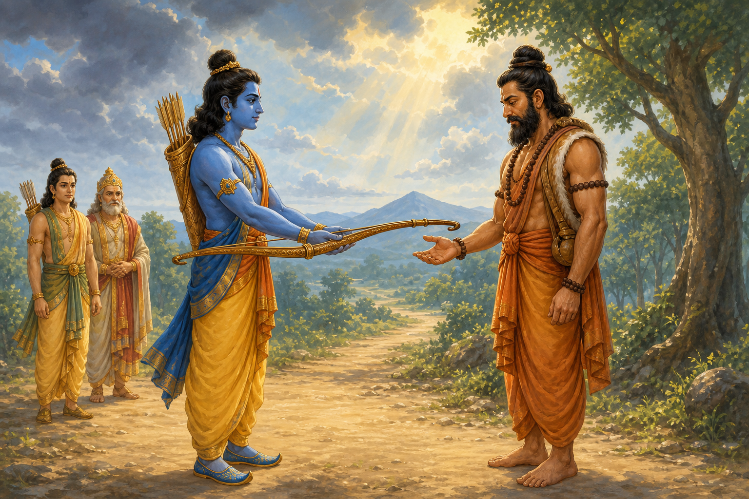 Ram respectfully returns the ancient bow as Parashurama recognizes his strength